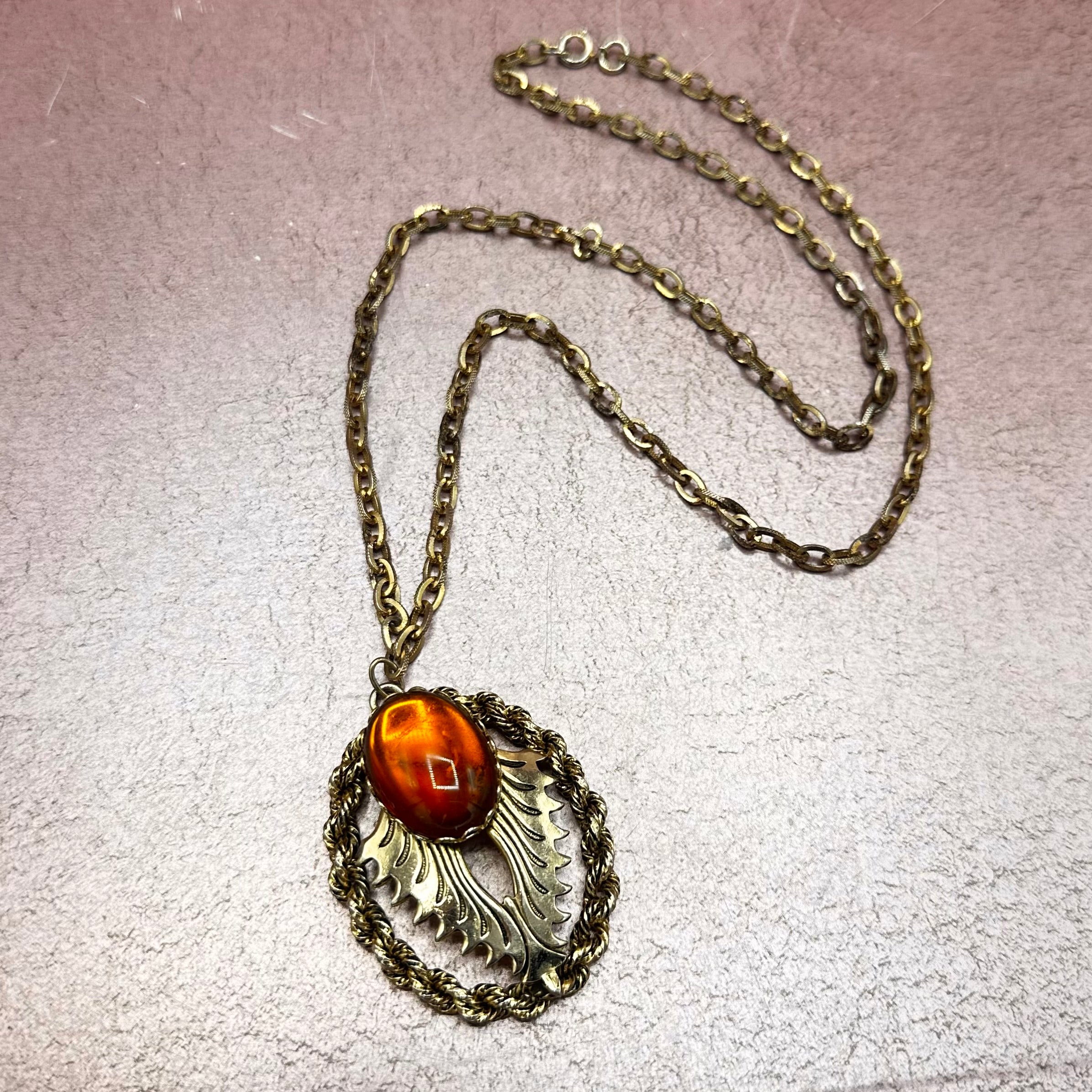 Vintage Brass & Amber Medallion Necklace