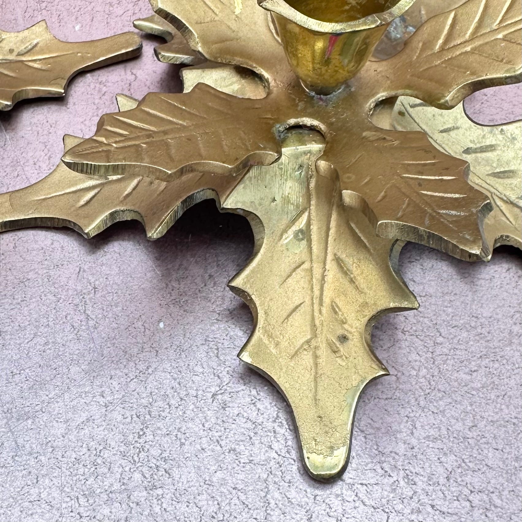 Brass Holly Leaf Candlestick Holder Pair