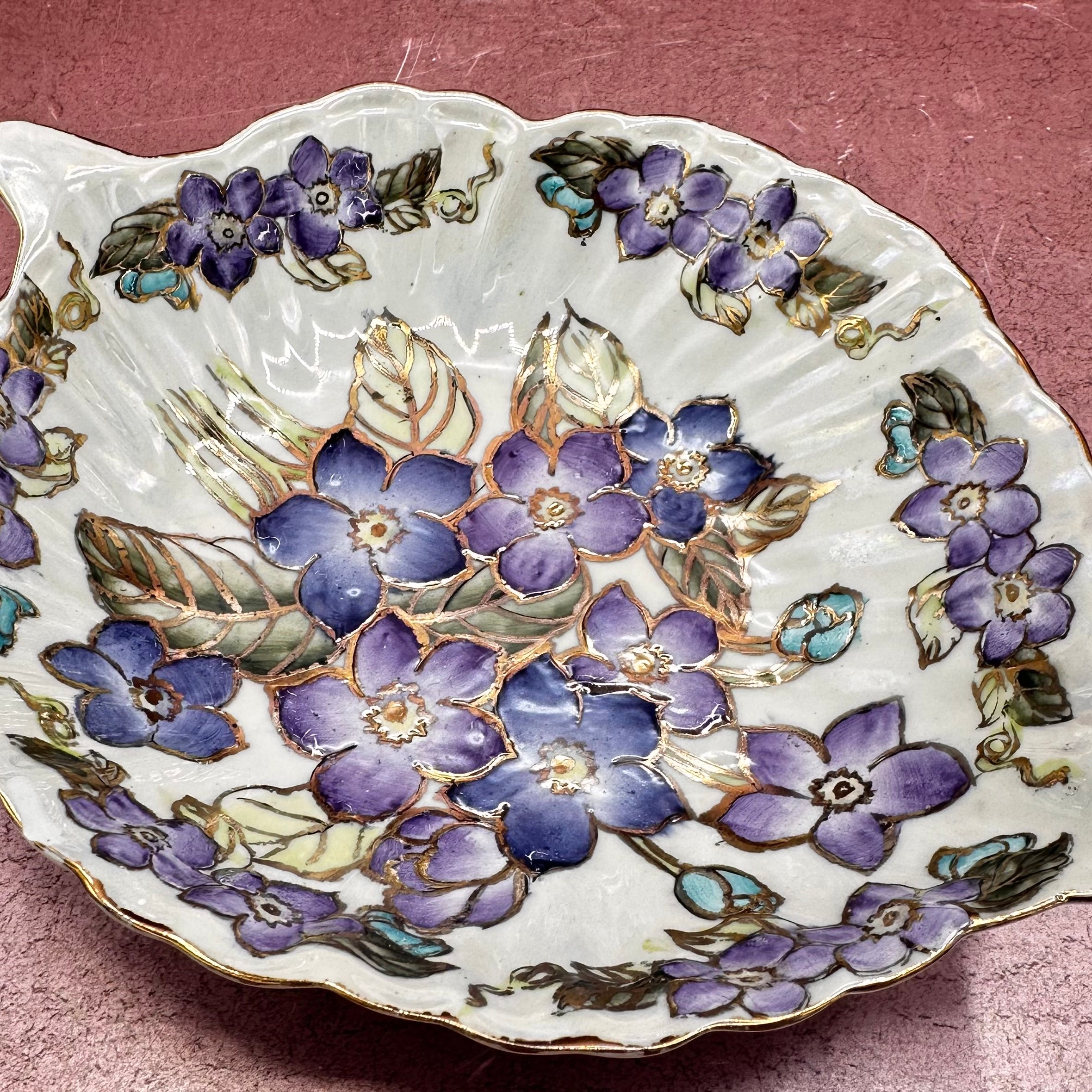 Hand Painted Blue & Purple Floral Leaf Dish