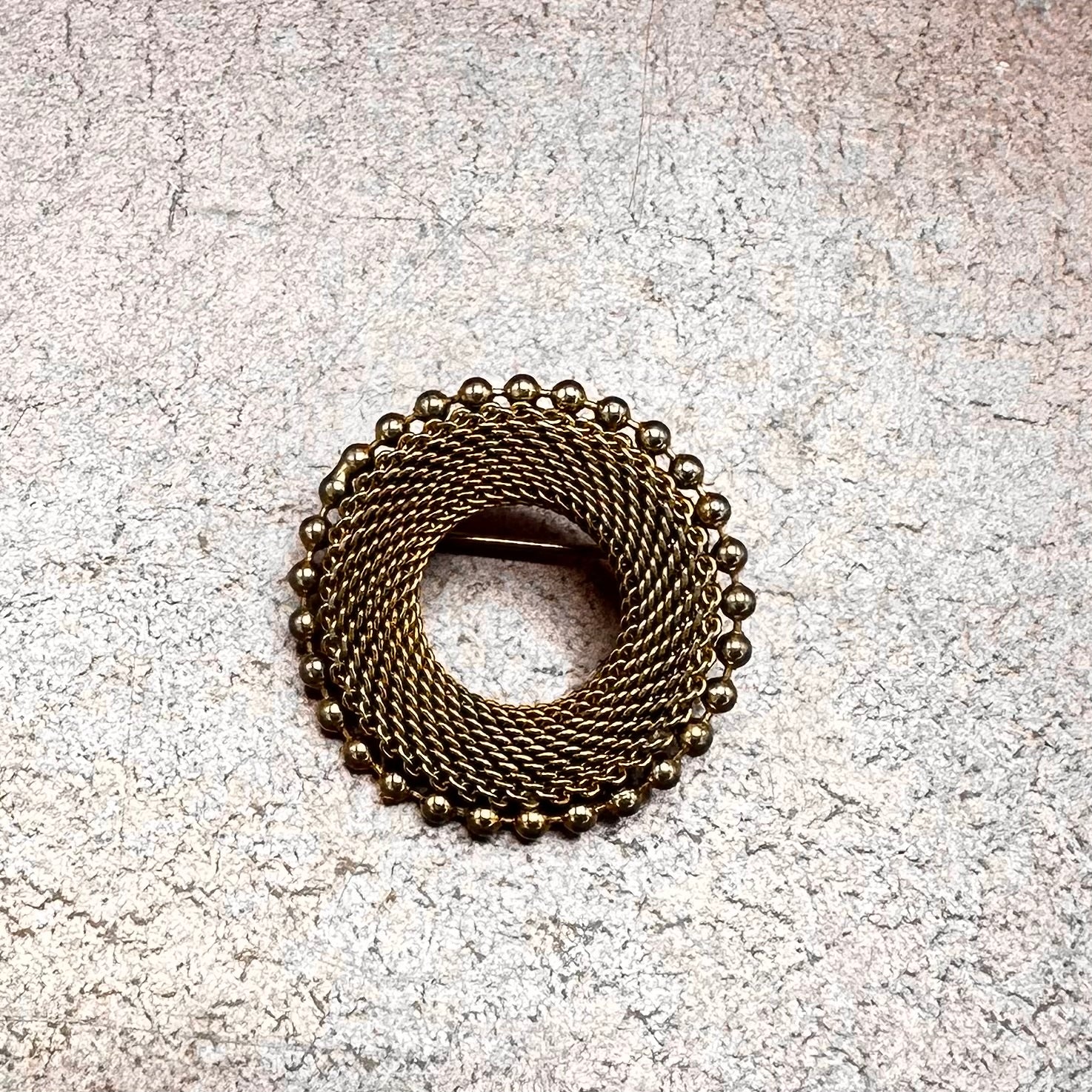 Gold Mesh & Dot Circular Brooch