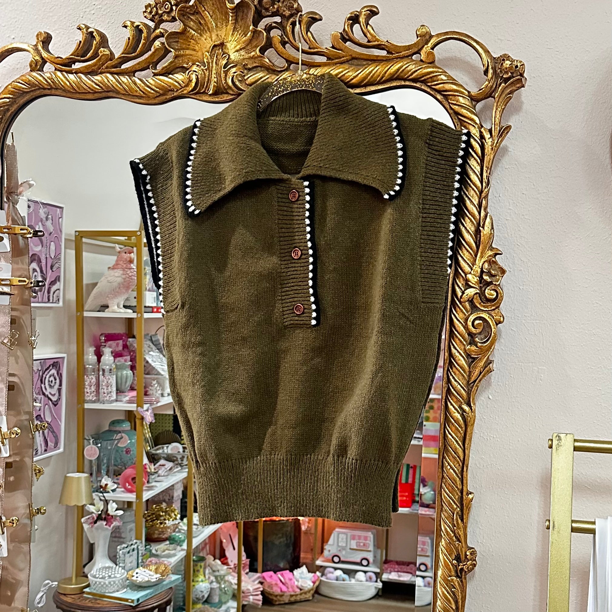 Army Green Short Sleeve Collared Sweater