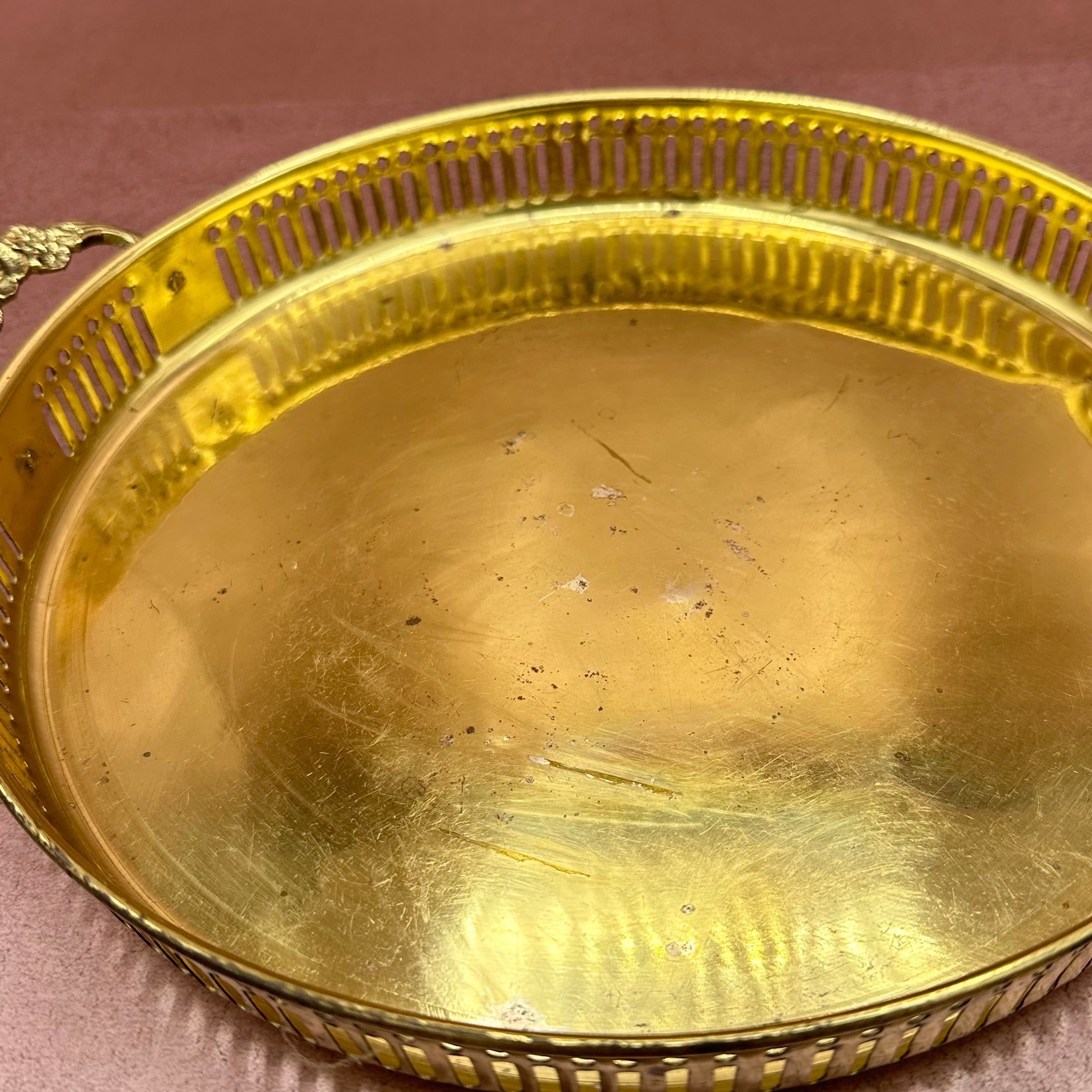 Reticulated Brass Round Tray with Floral Handles