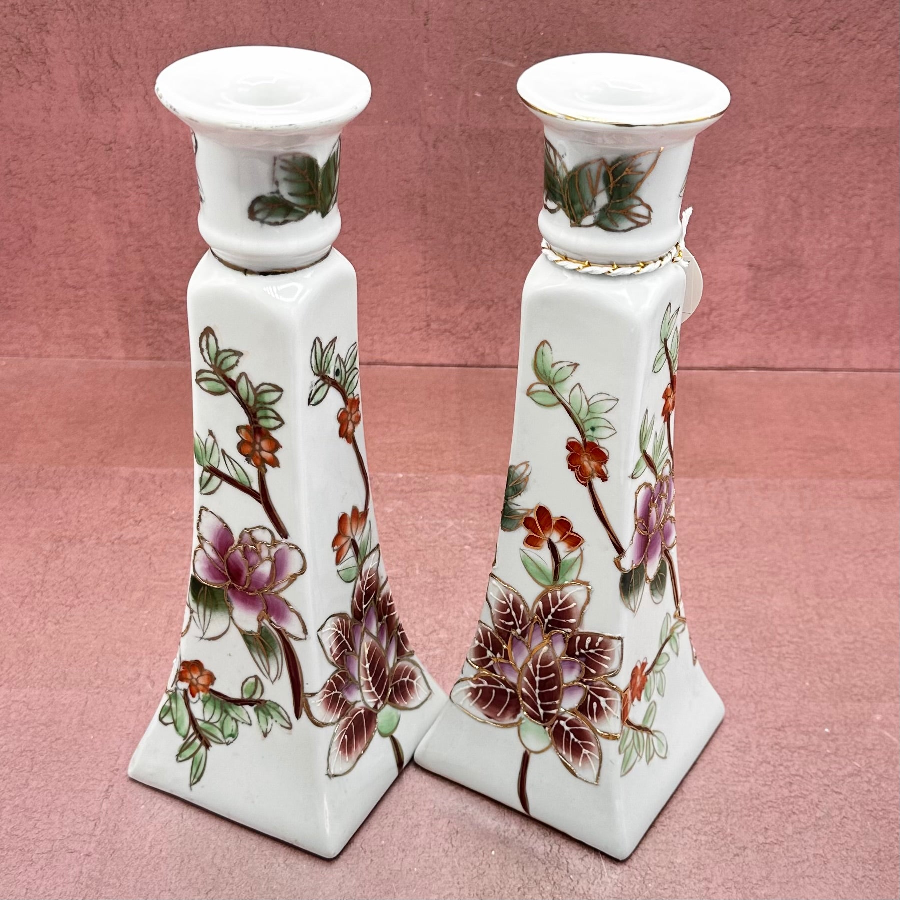 Hand Painted Floral Candlesticks Pair
