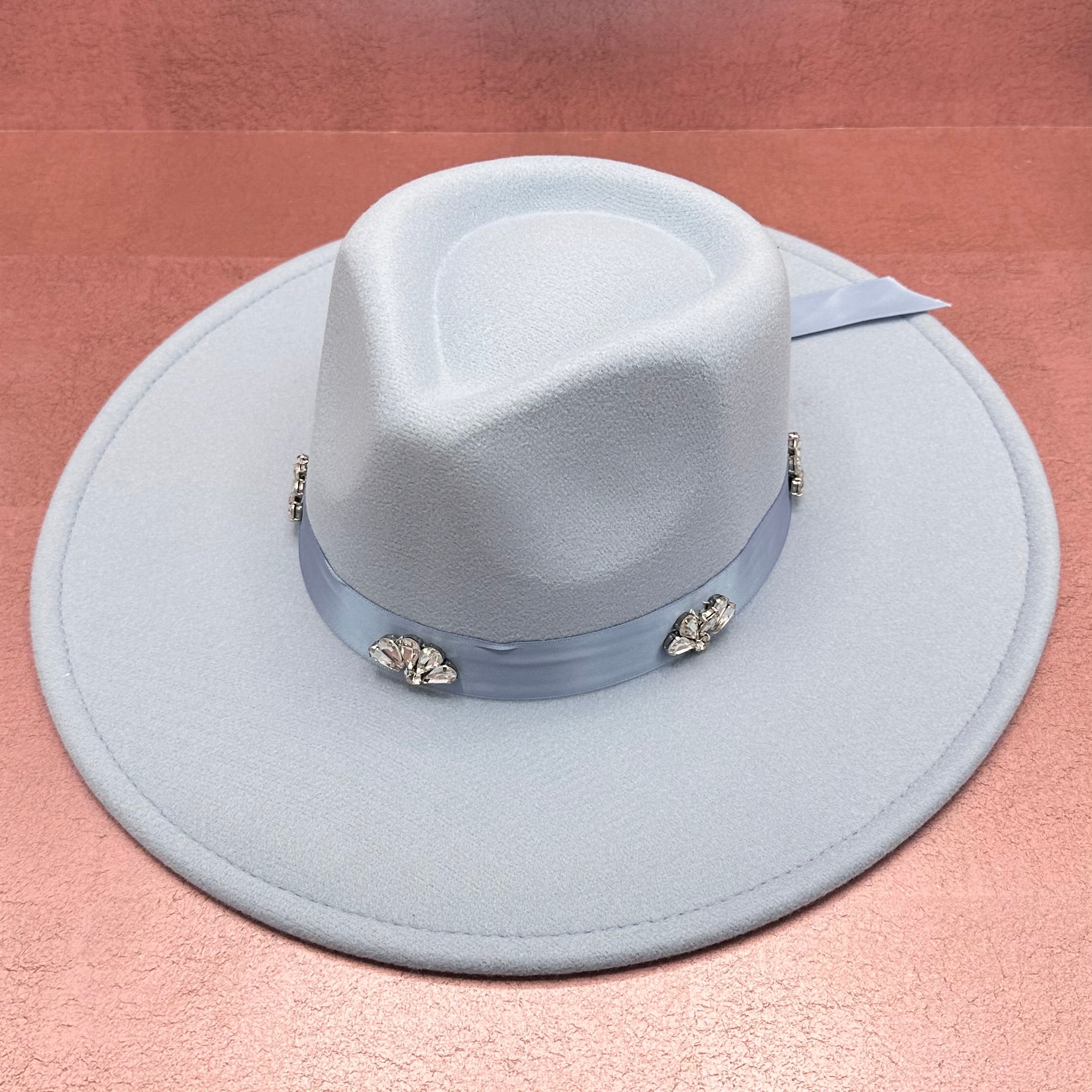 Studded Flower Rhinestone Strap Fedora Hat