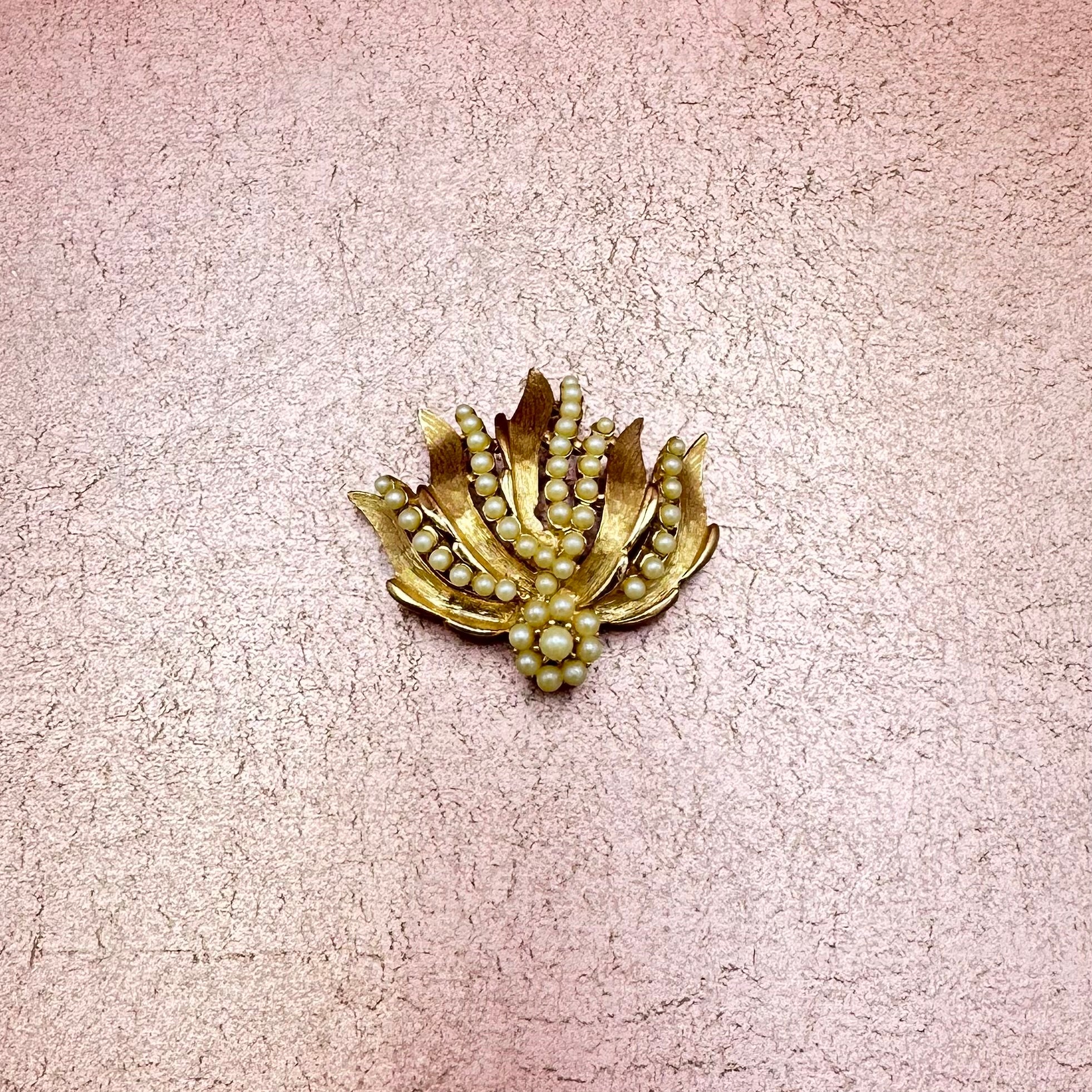 Leaf & Faux Pearl Cascade Brooch