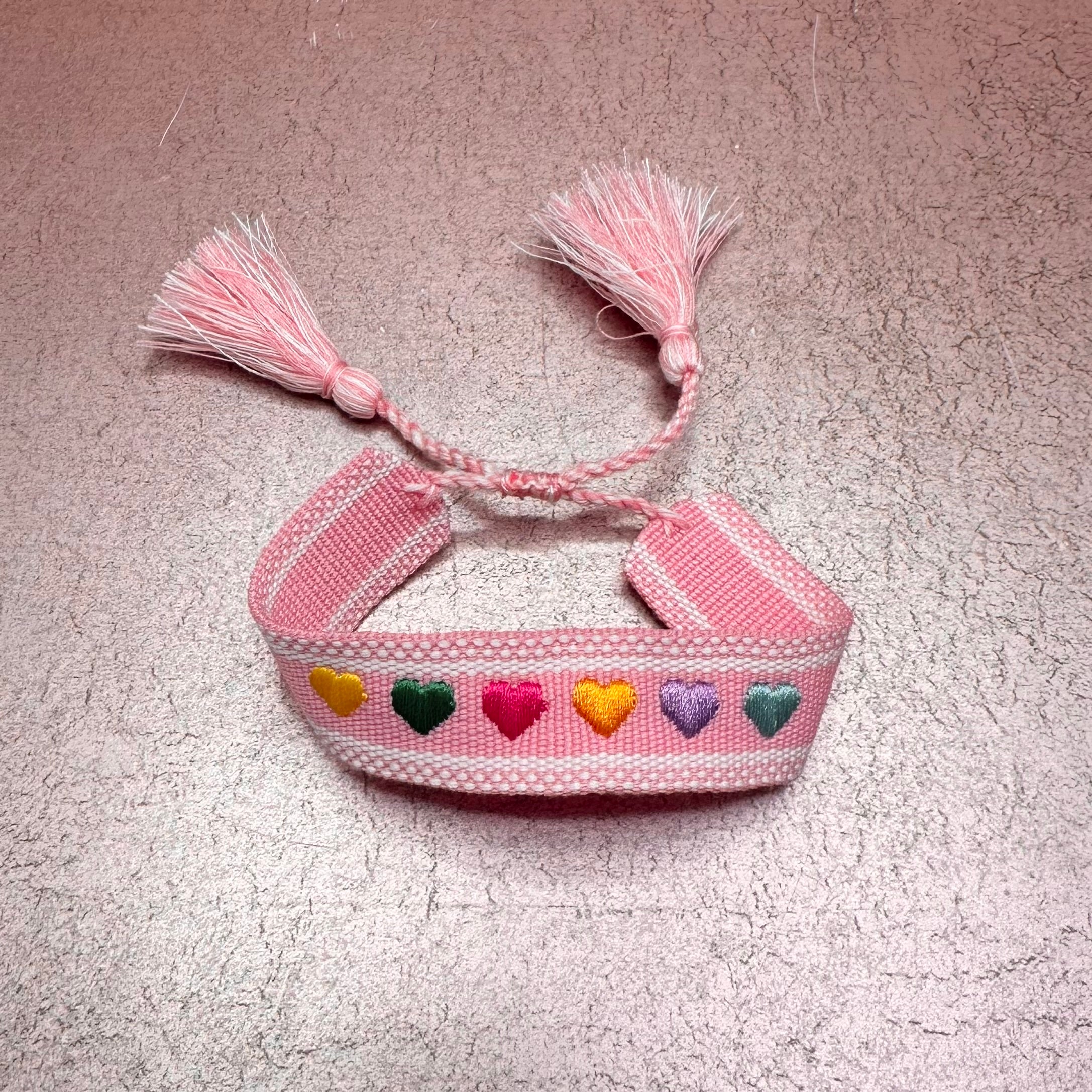 Rainbow Embroidered Heart Tassel Bracelet