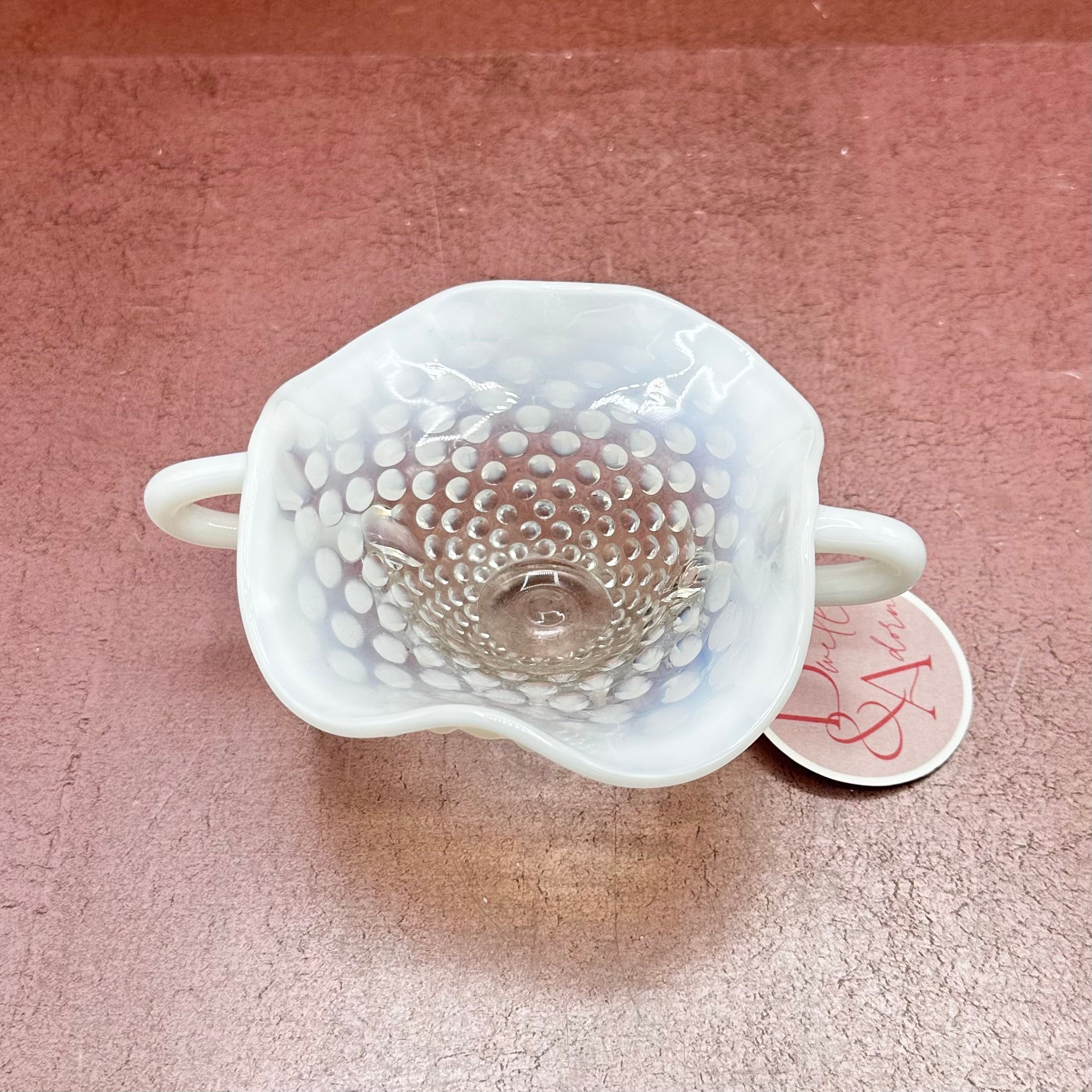 White Ruffle Edge Hobnail Fenton Bowl w/ Handles