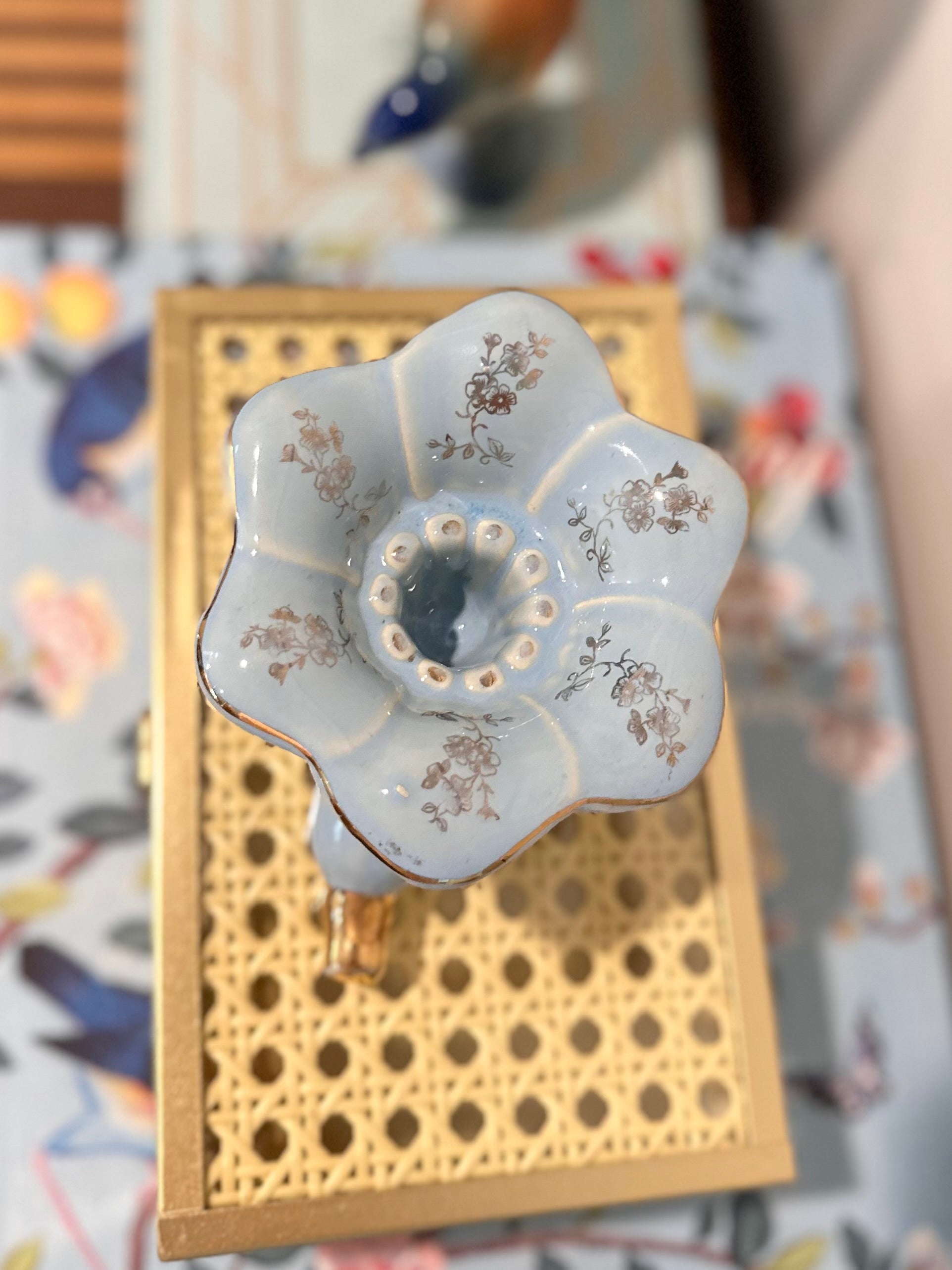 Blue flower Candle Holder w/ Gold Detail