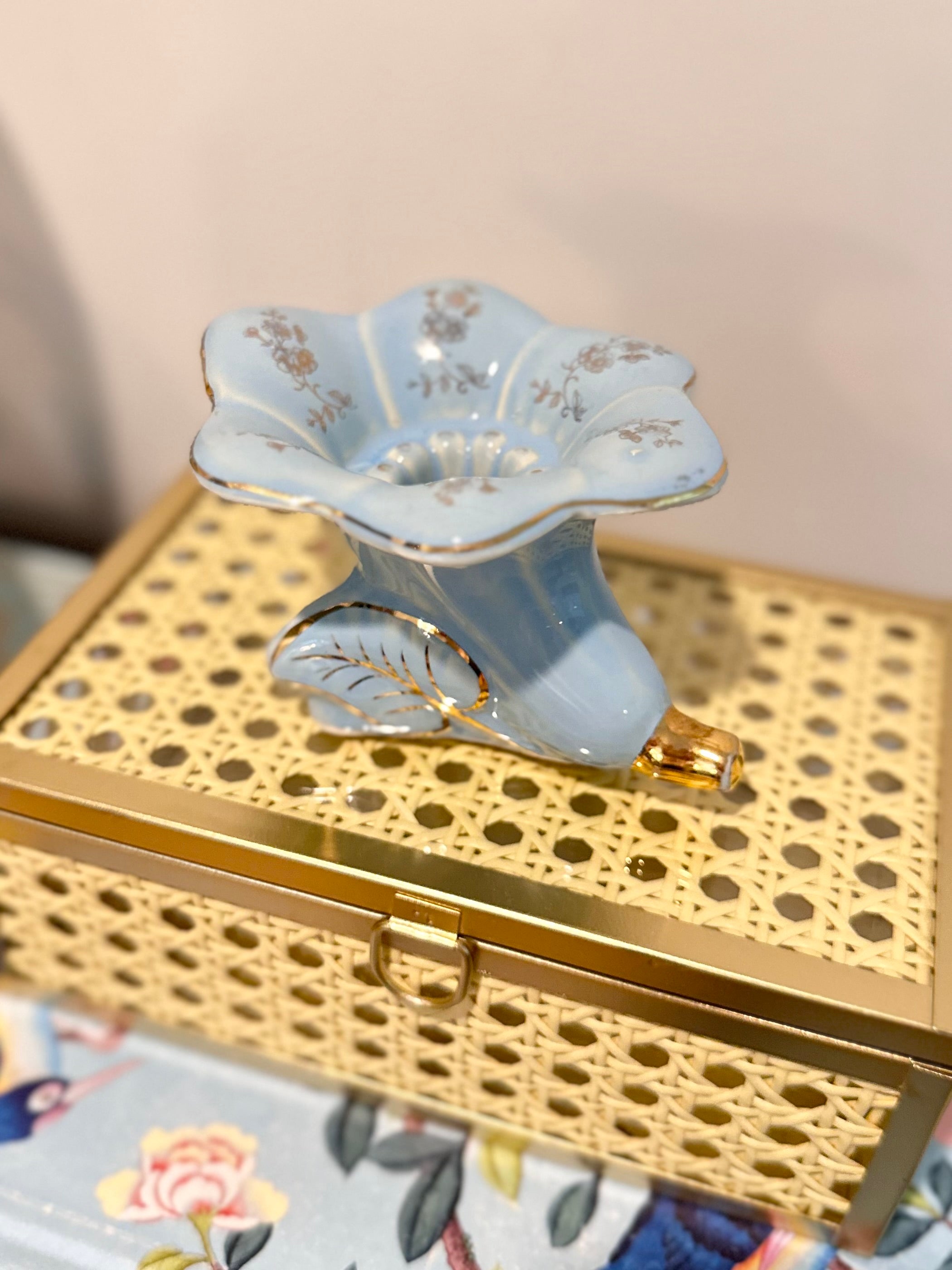 Blue flower Candle Holder w/ Gold Detail