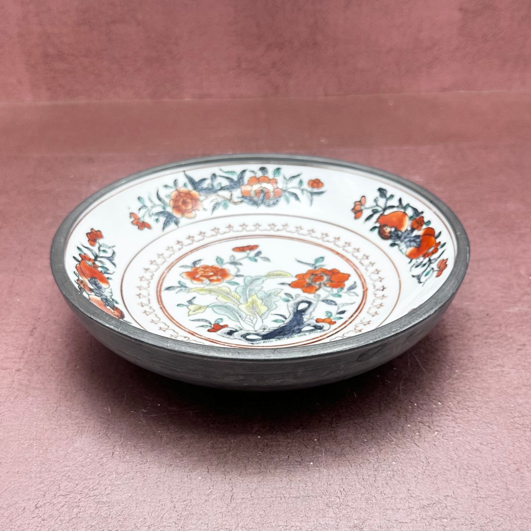 Pewter Encased Bowl Orange & Blue Floral