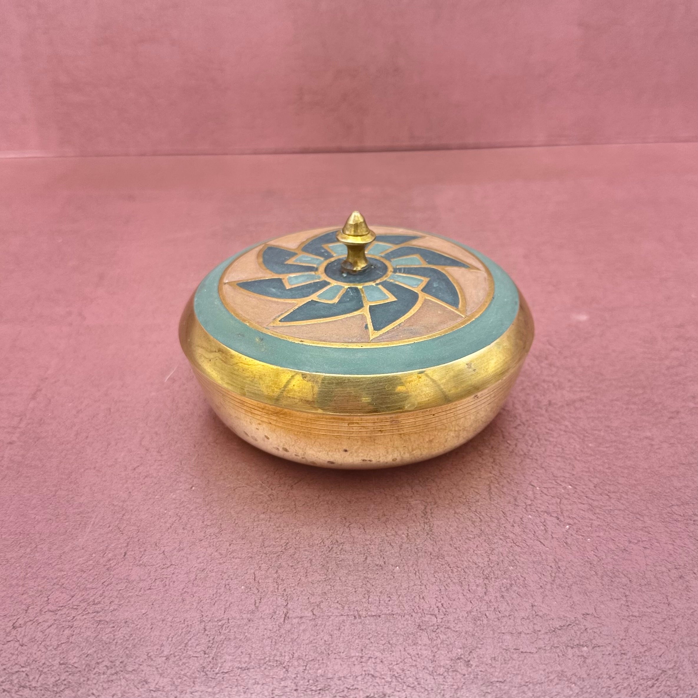 Cloisonne Style Brass Lidded Bowl w/ Fan Pattern