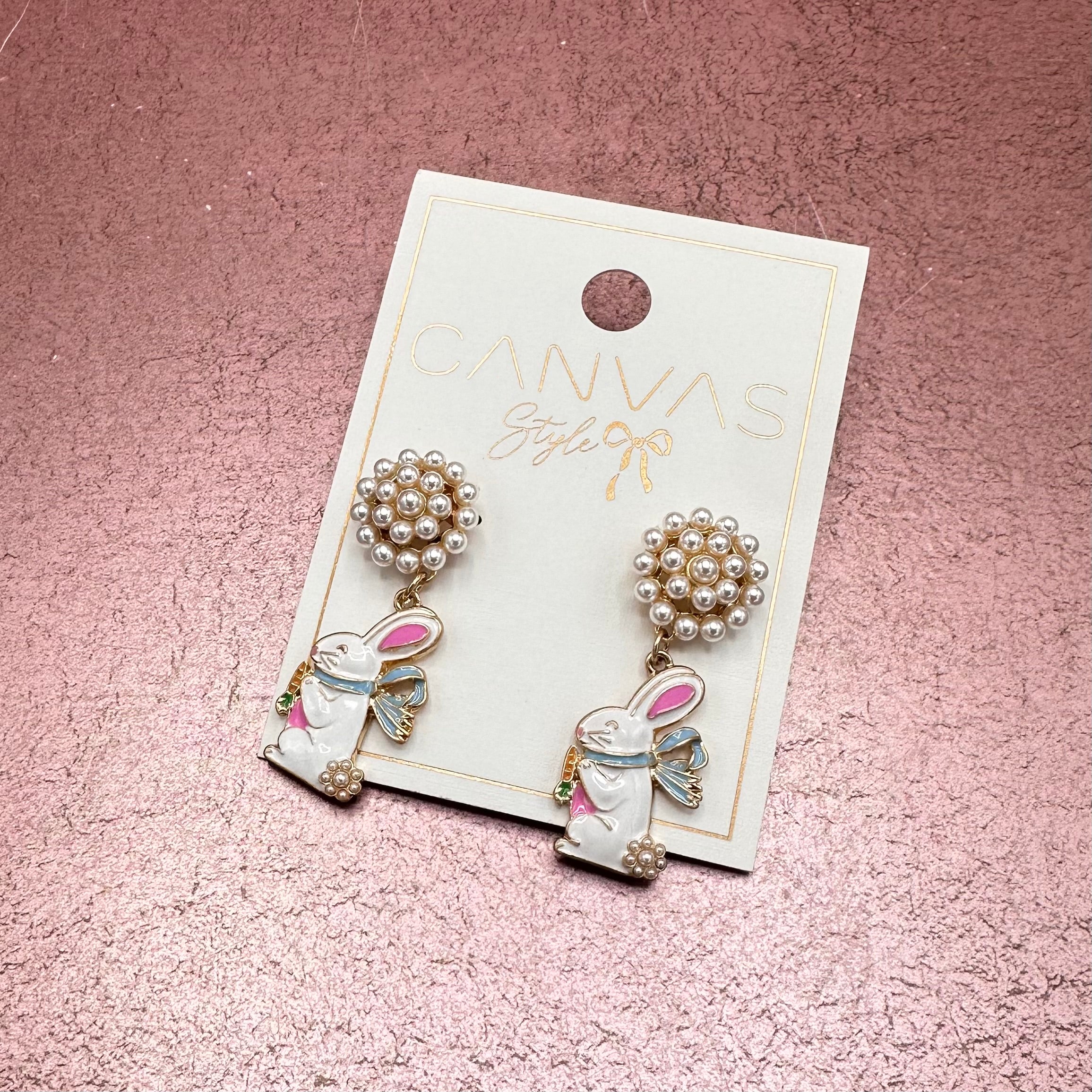 Easter Bow Bunny Pearl Cluster Drop Earrings White Dwell and Adorn