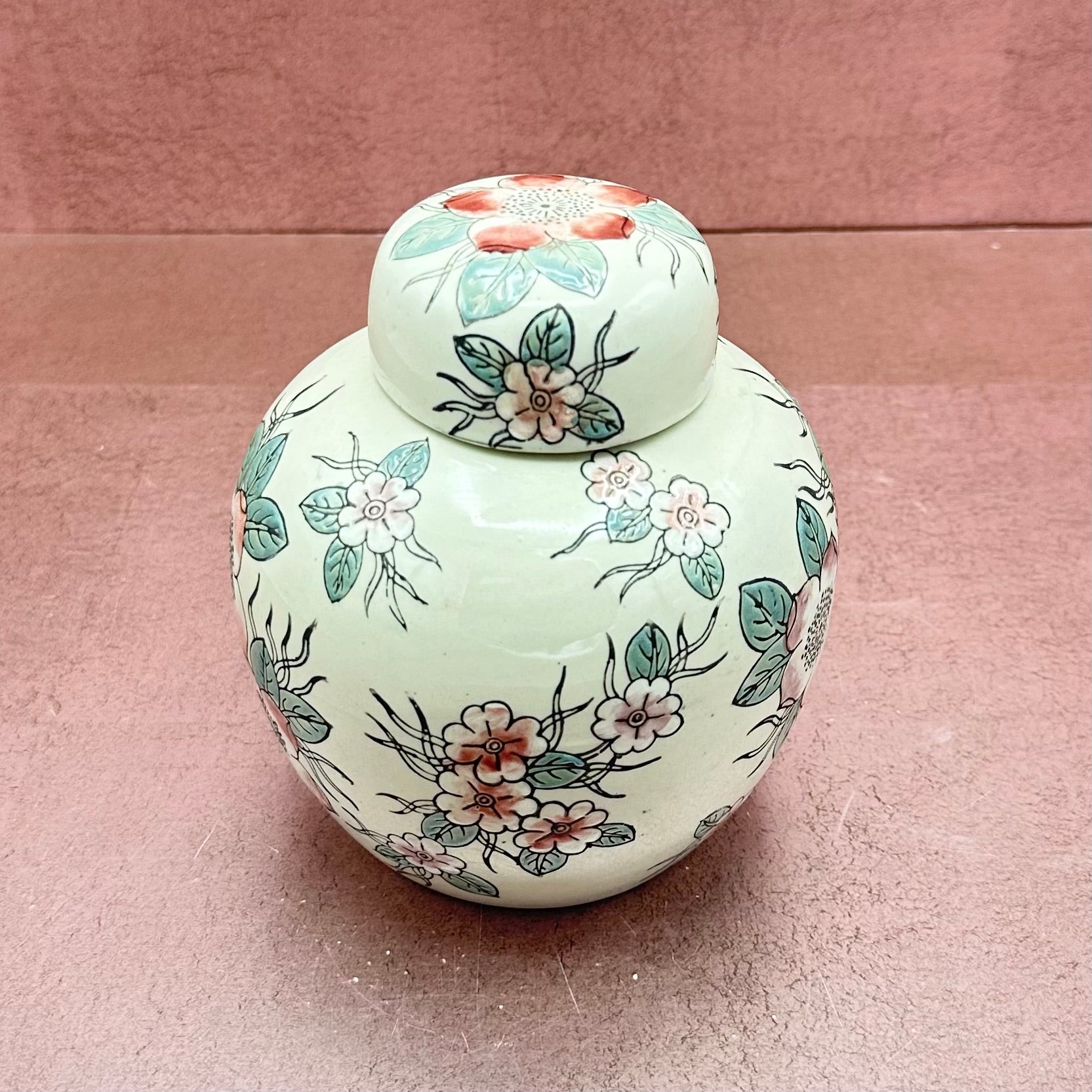 Beige Floral Lidded Ginger Jar