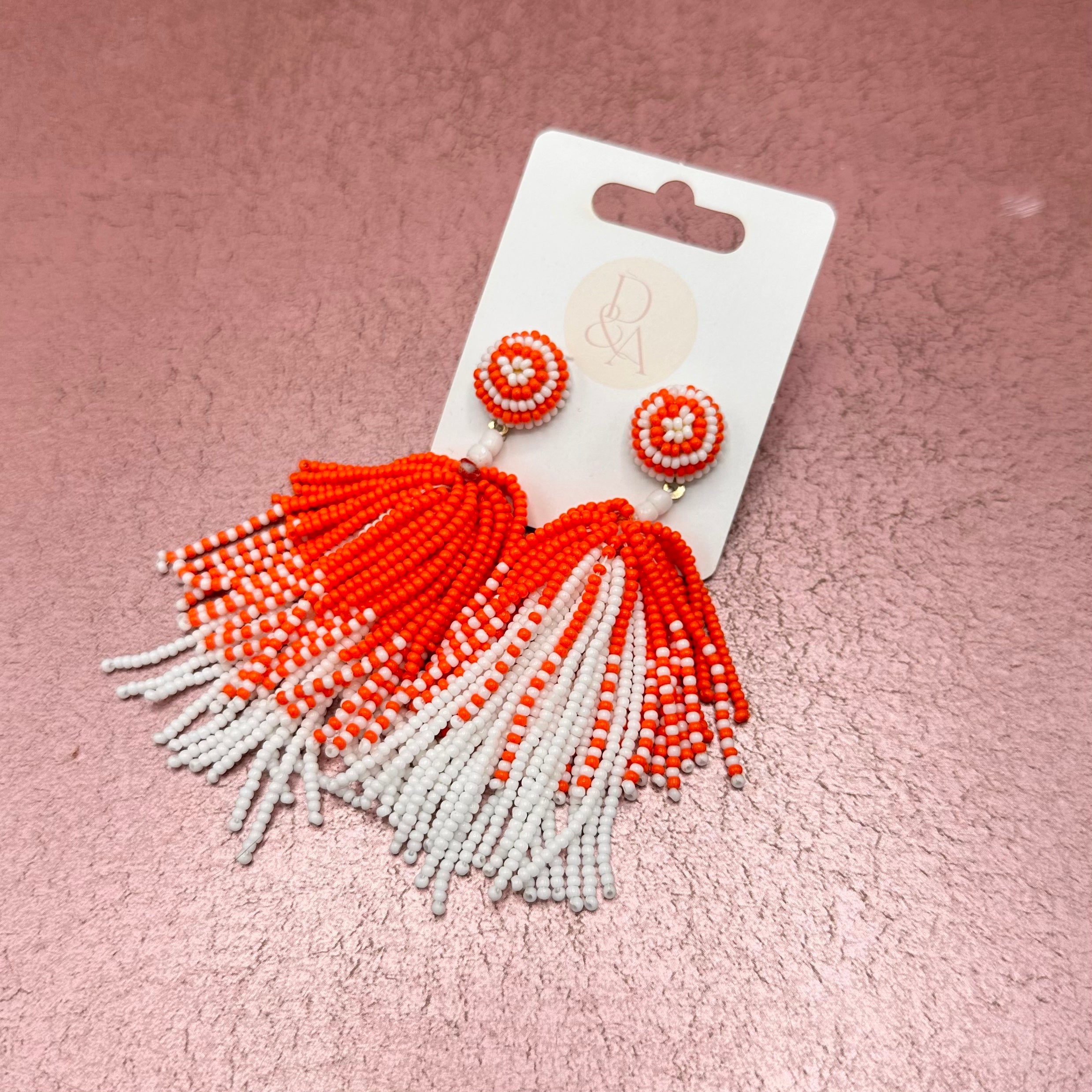 Beaded Tassel Earrings White and Orange