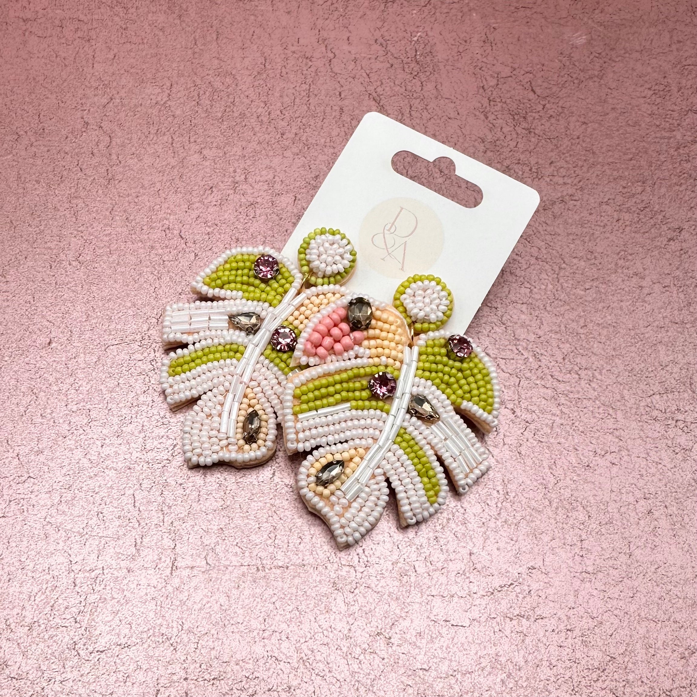 Pink & Green Beaded Leaf Earrings