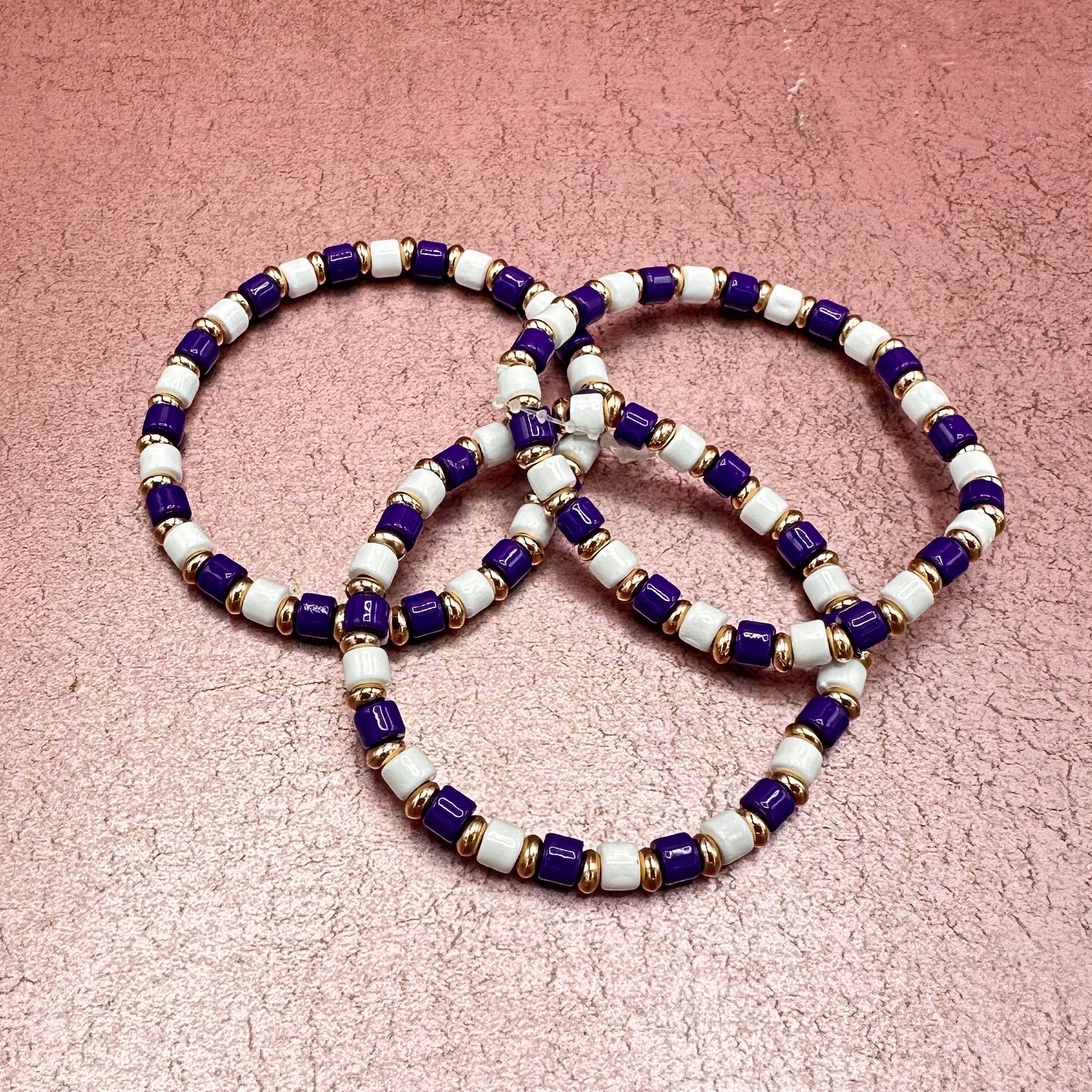 Purple & White Beaded Bracelet Stack