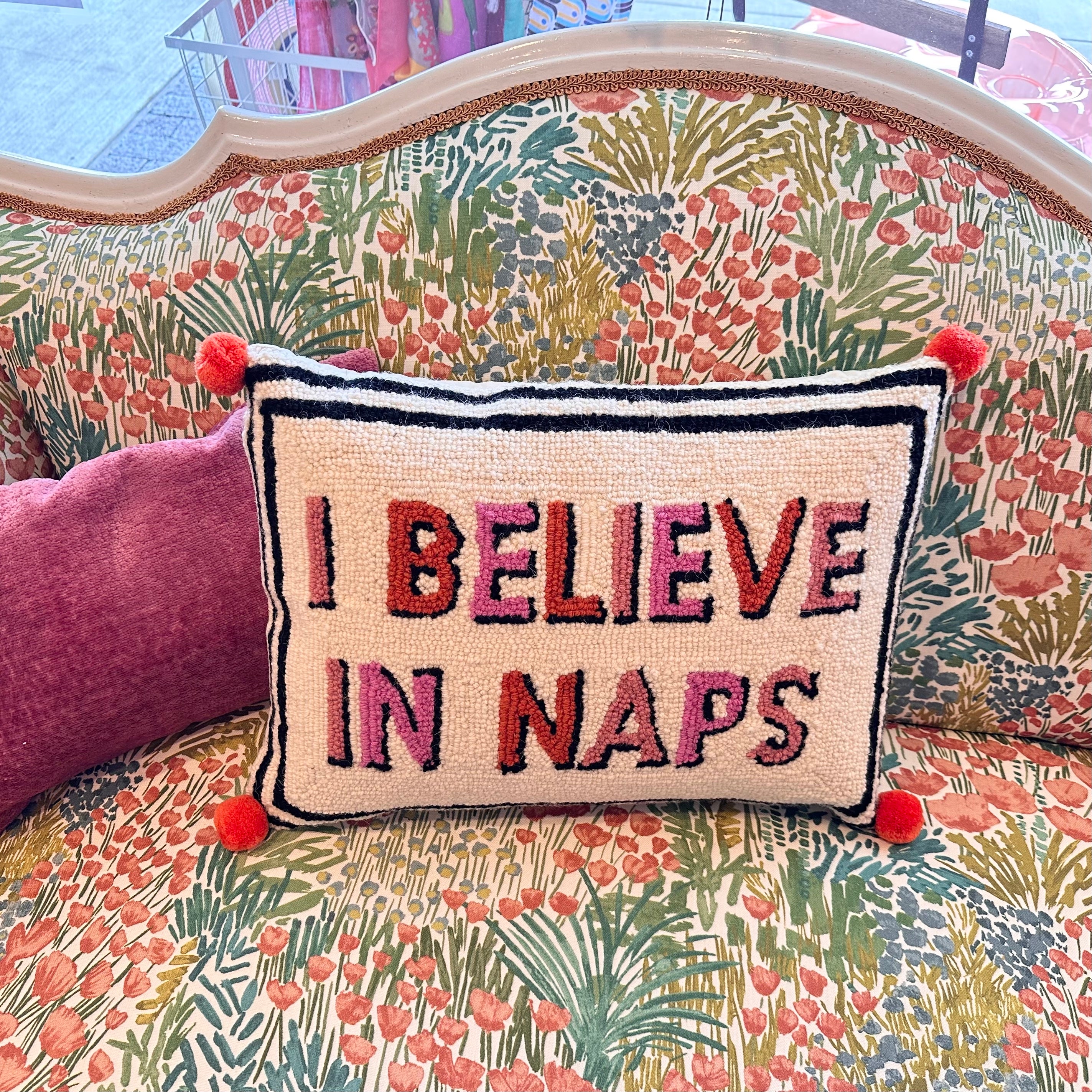I Believe In Naps With Pom Poms Hook Pillow