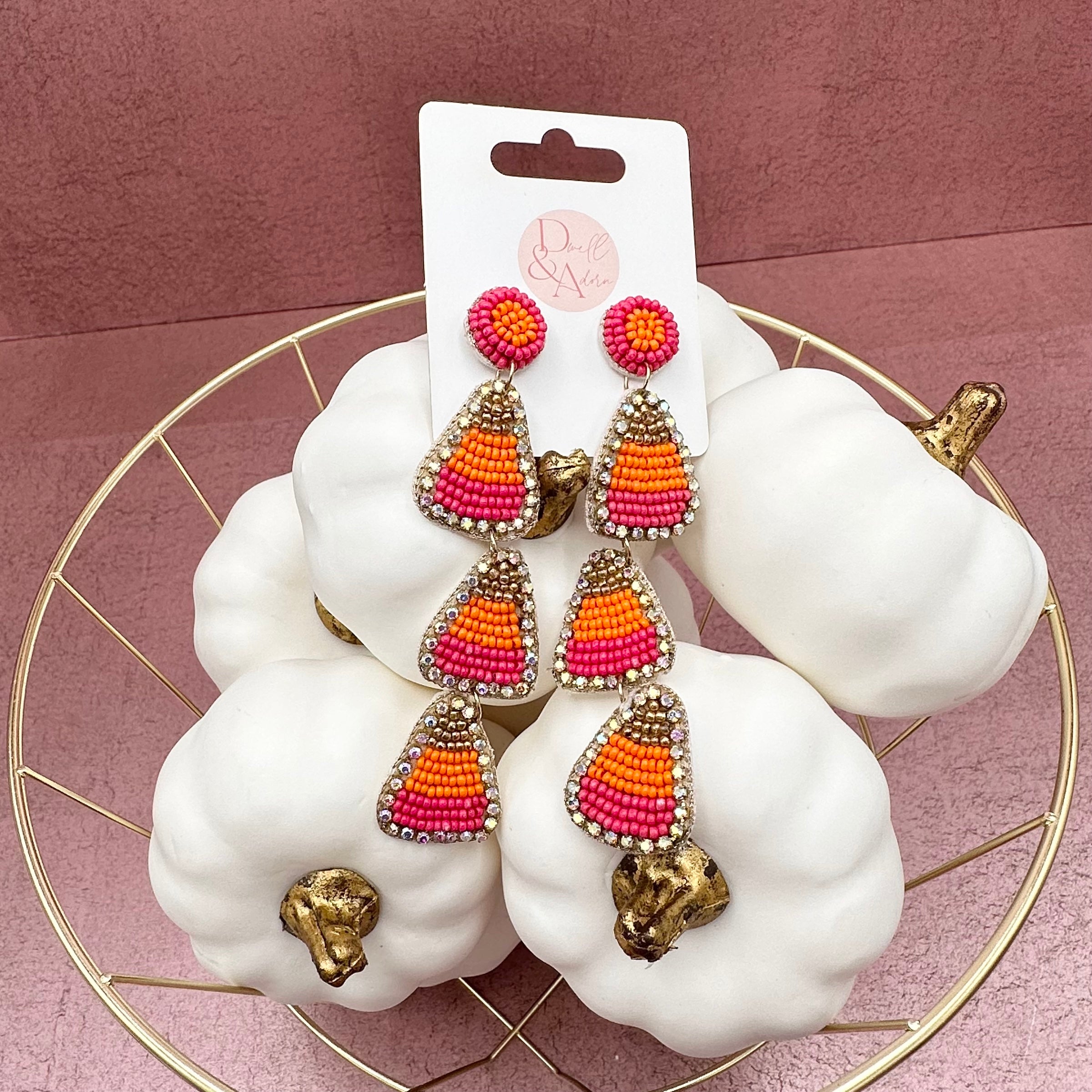 Spooktacular Pink Candy Corn Seed Bead Earrings