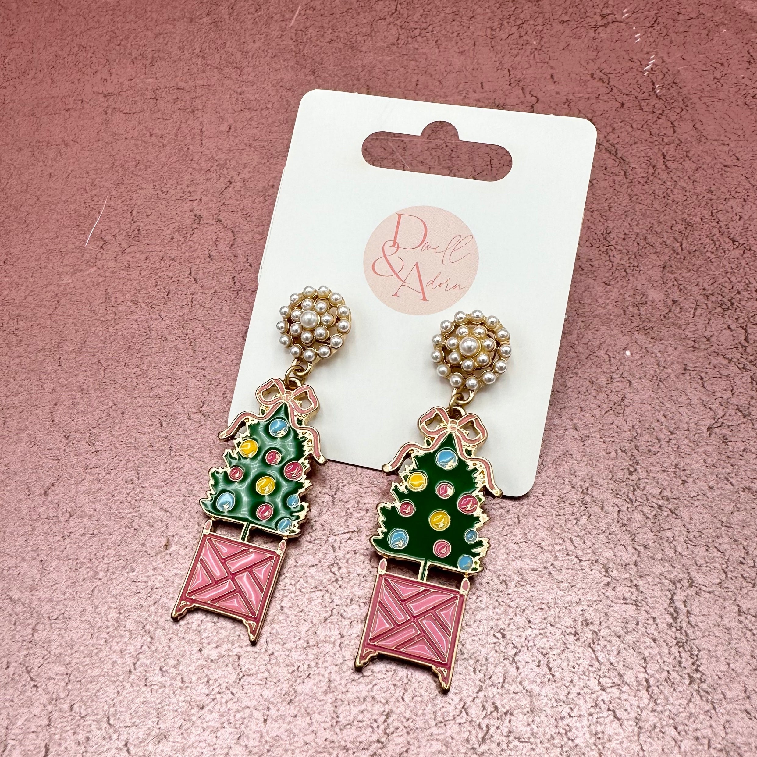 Christmas Topiary Tree Pink Earrings