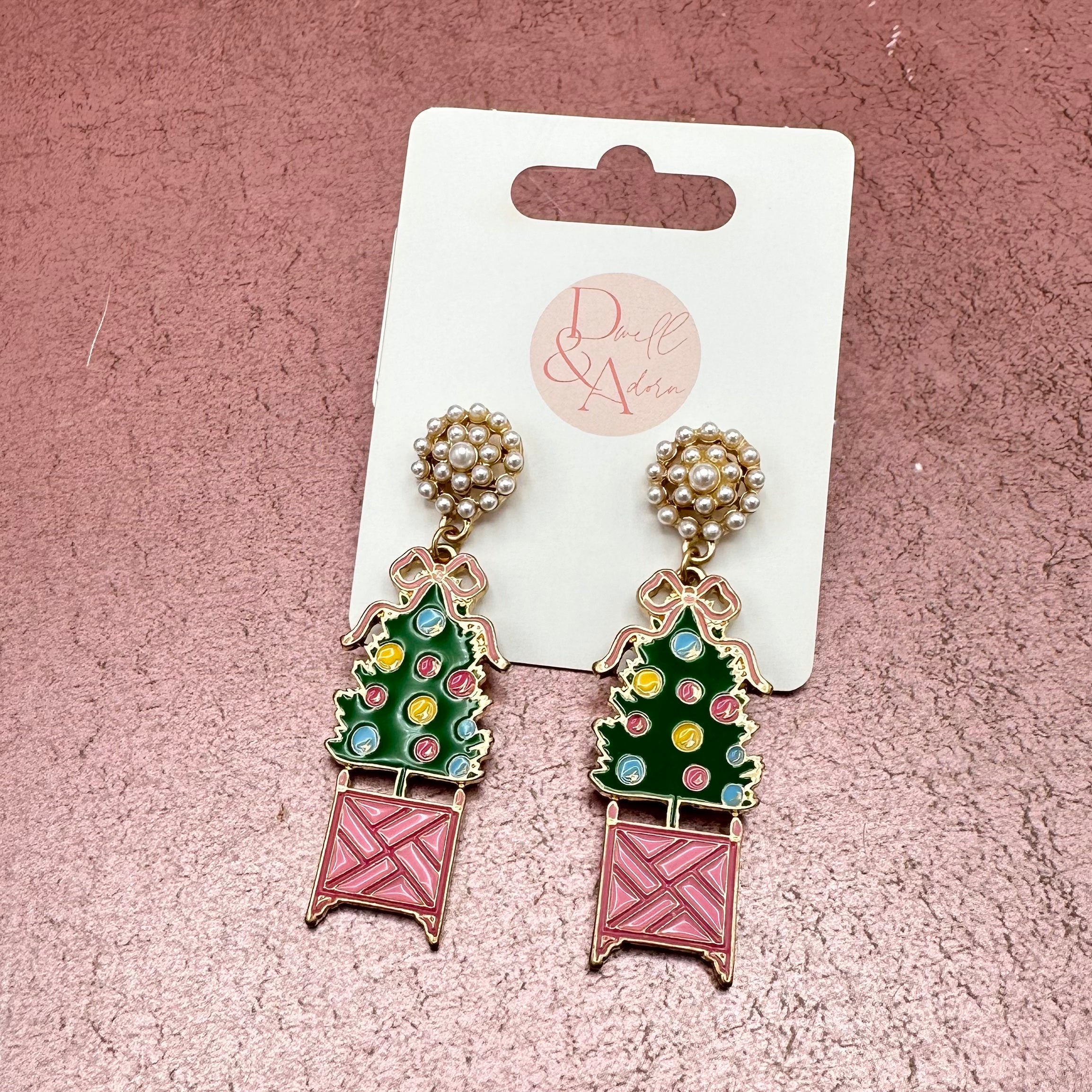 Christmas Topiary Tree Pink Earrings
