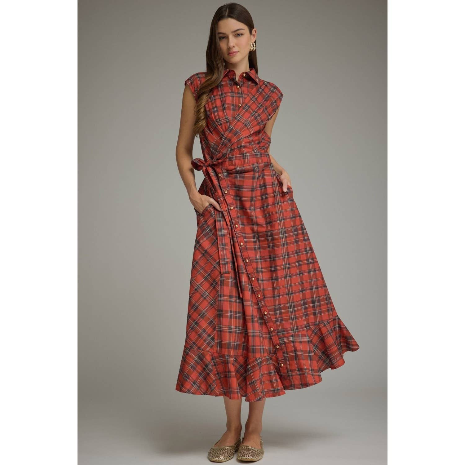 Plaid Cap Sleeve Midi Dress