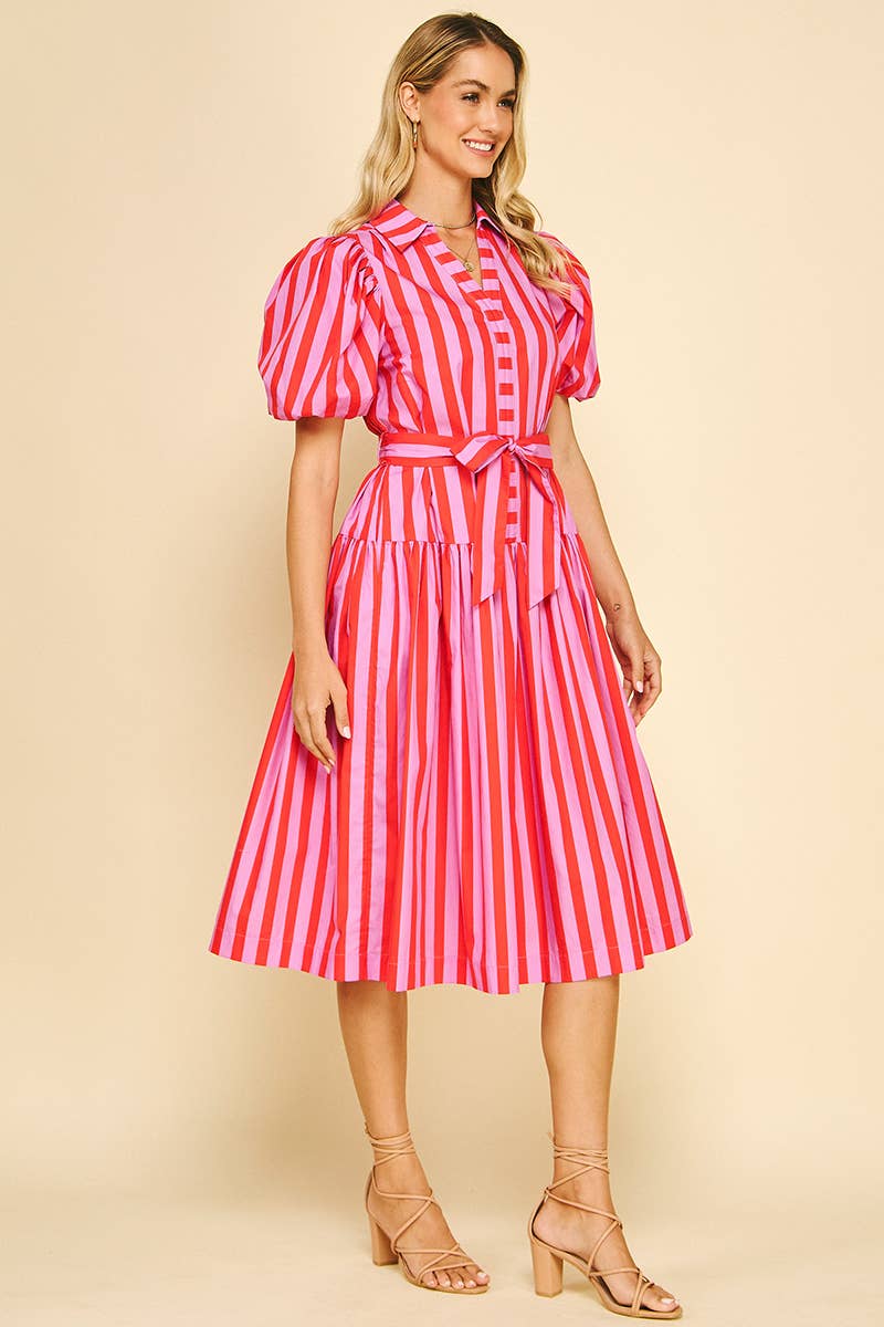 Striped Pink & Red Balloon Sleeve Midi Dress
