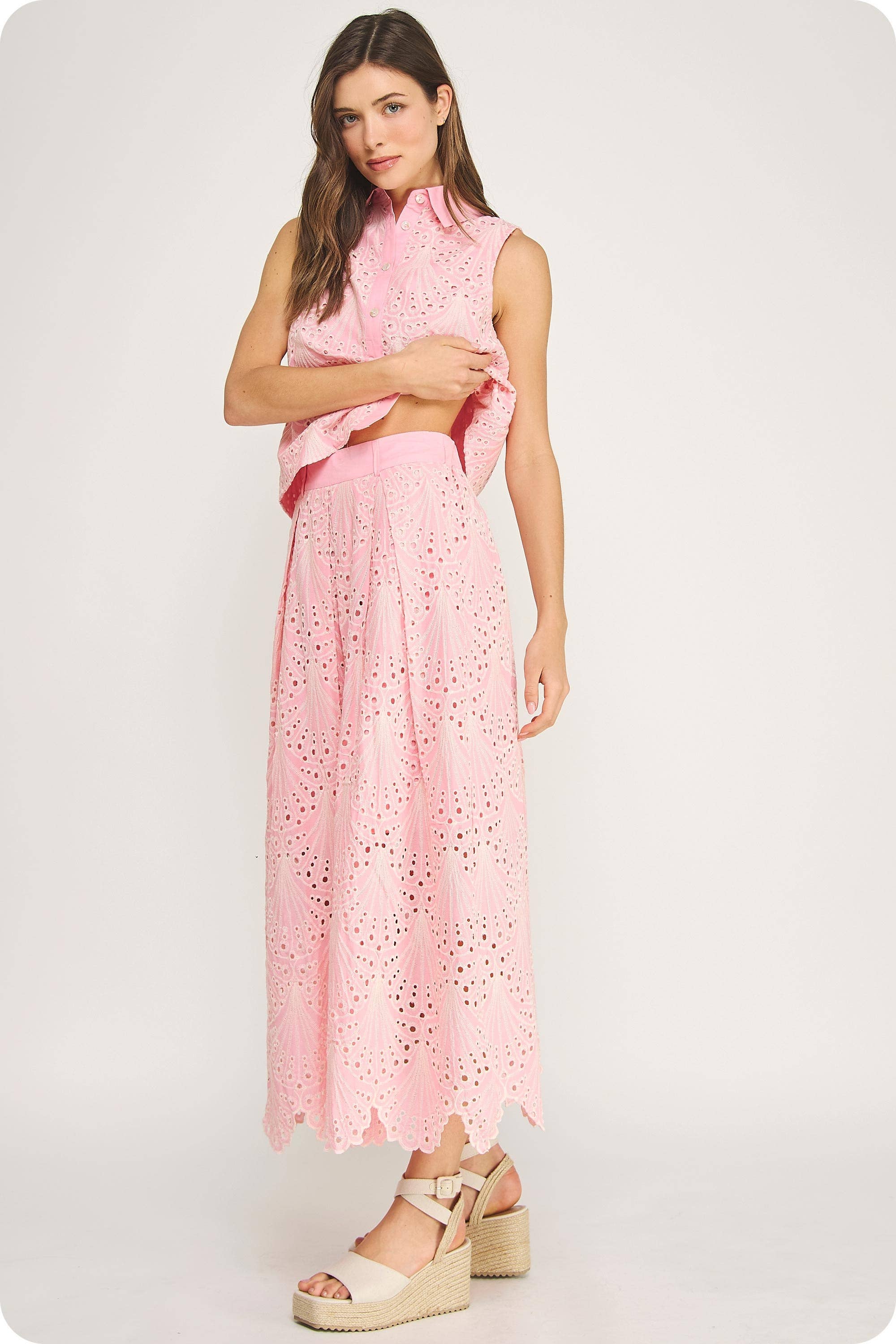 Eyelet Embroidered Pink Shirt and Midi Skirt Set