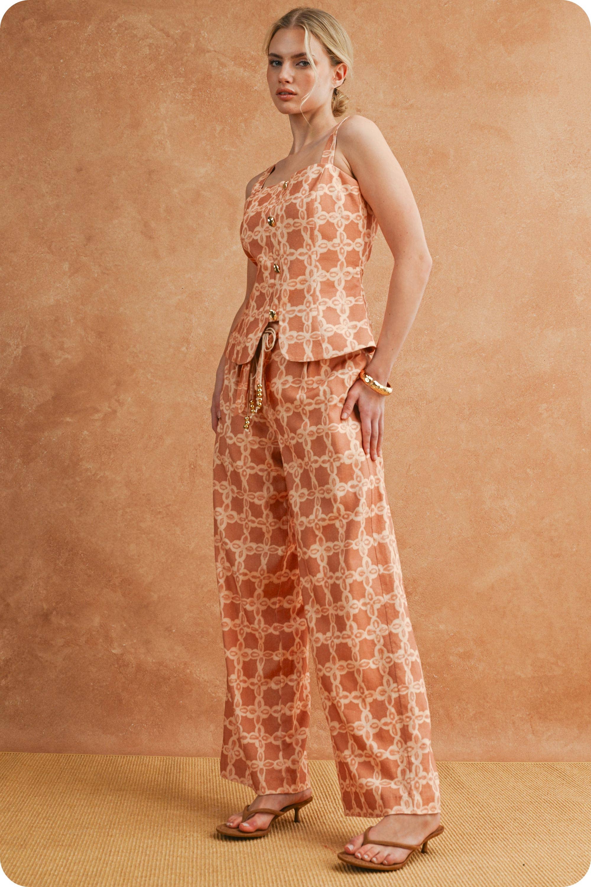 Chainlink Print Scarf Tie Belt Wide Leg Pants