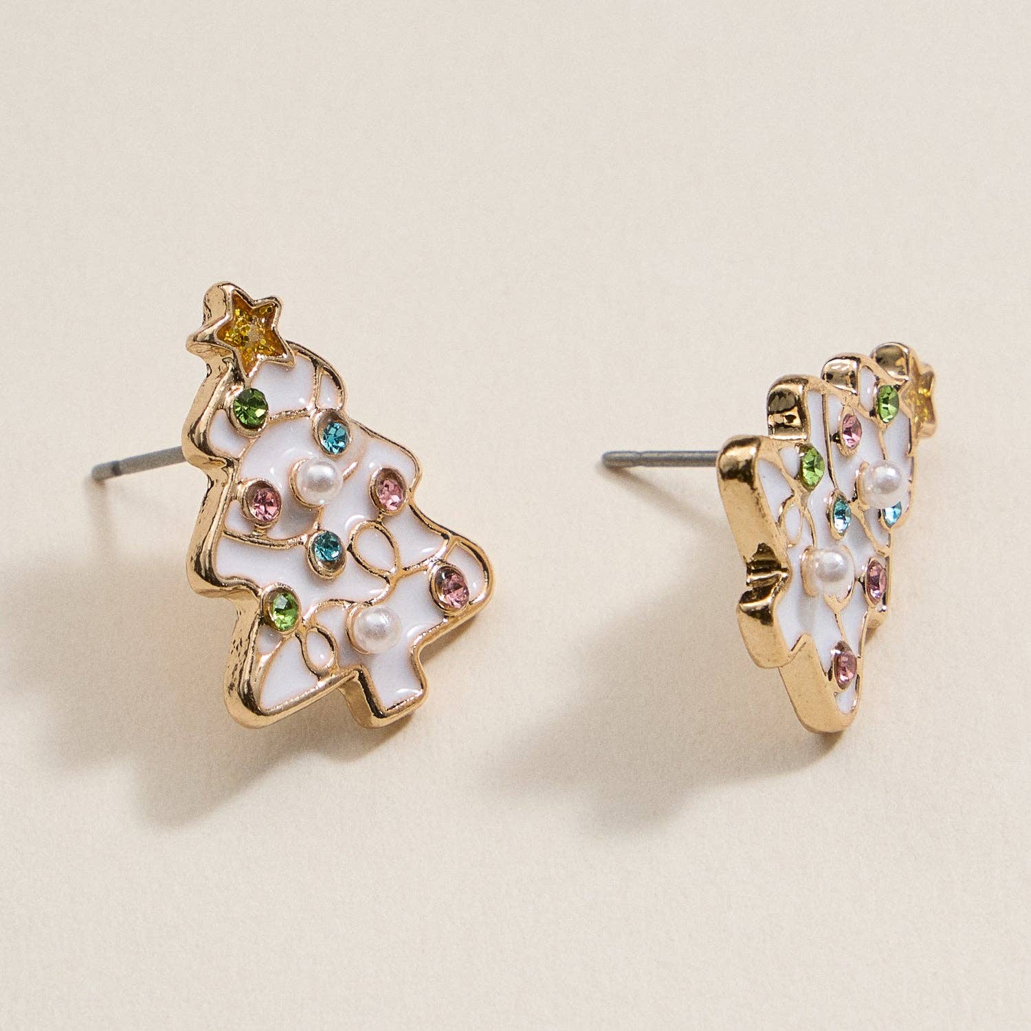 Enamel w/ Pearl Christmas Tree Stud Earrings