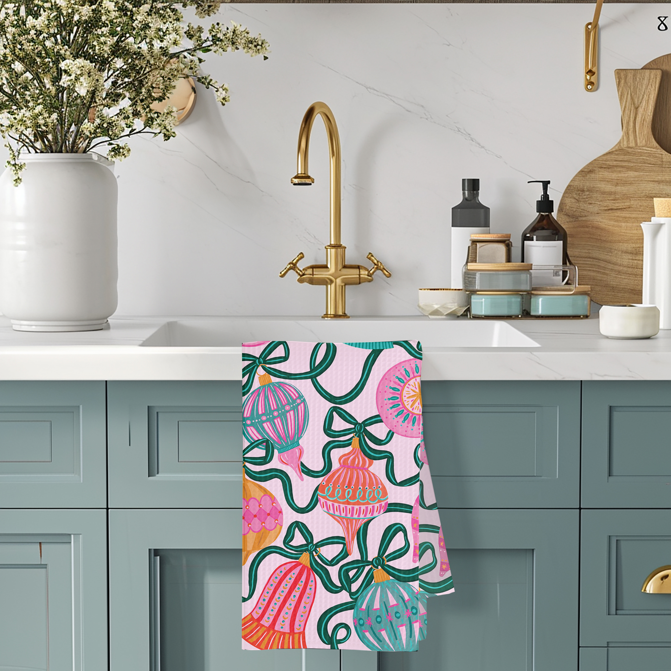 Whimsical Ornaments & Bows Waffle Dish Towel
