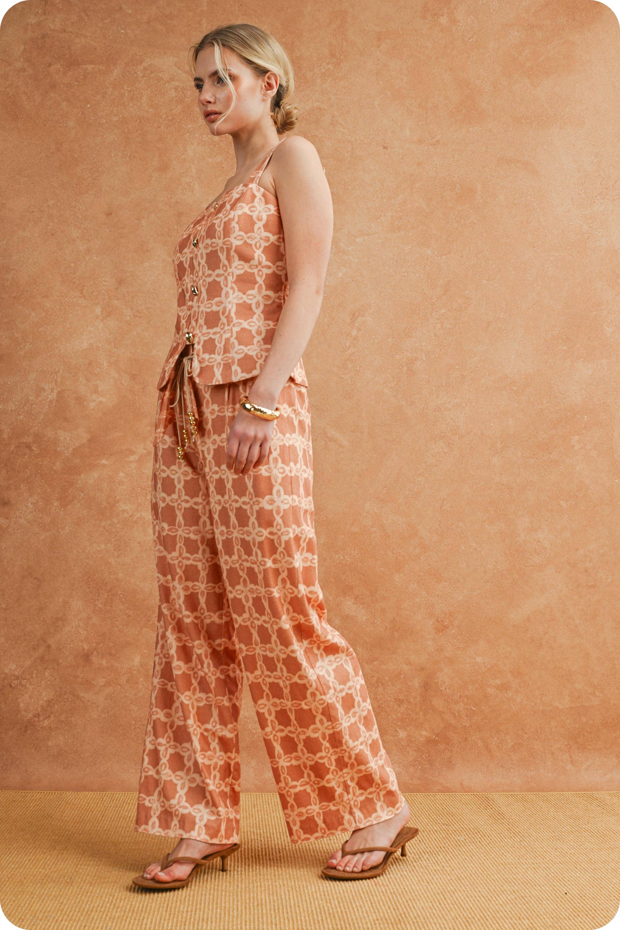 Chainlink Print Scarf Tie Belt Wide Leg Pants