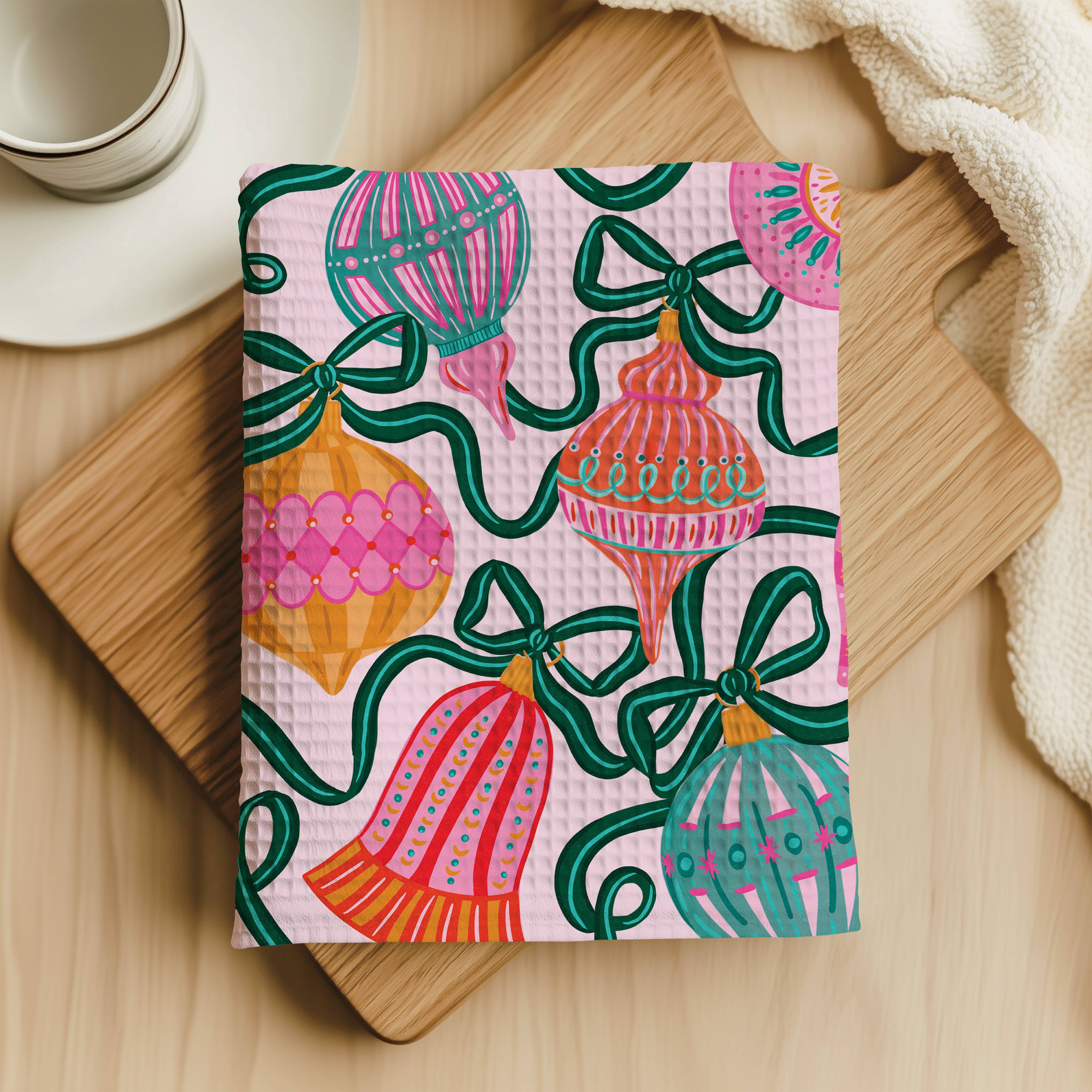 Whimsical Ornaments & Bows Waffle Dish Towel