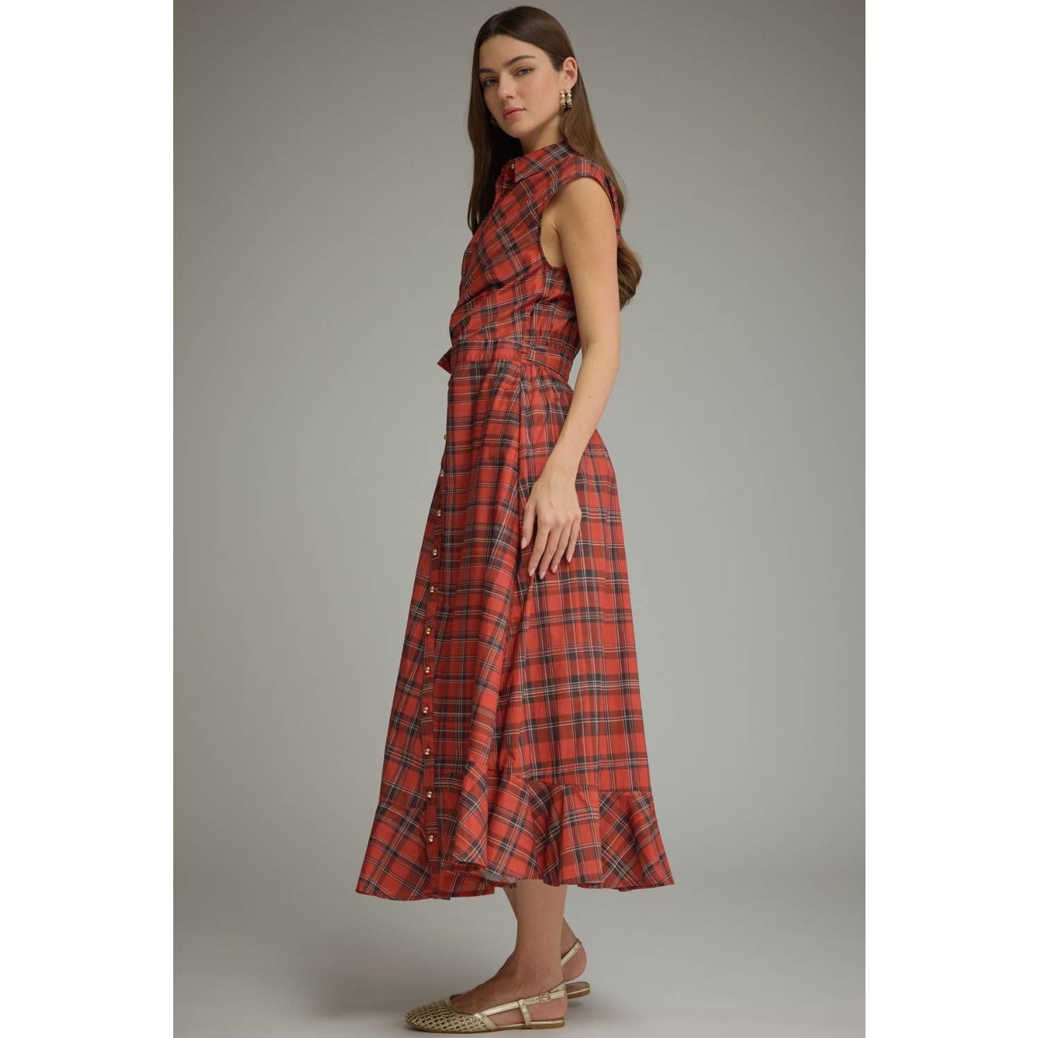 Plaid Cap Sleeve Midi Dress