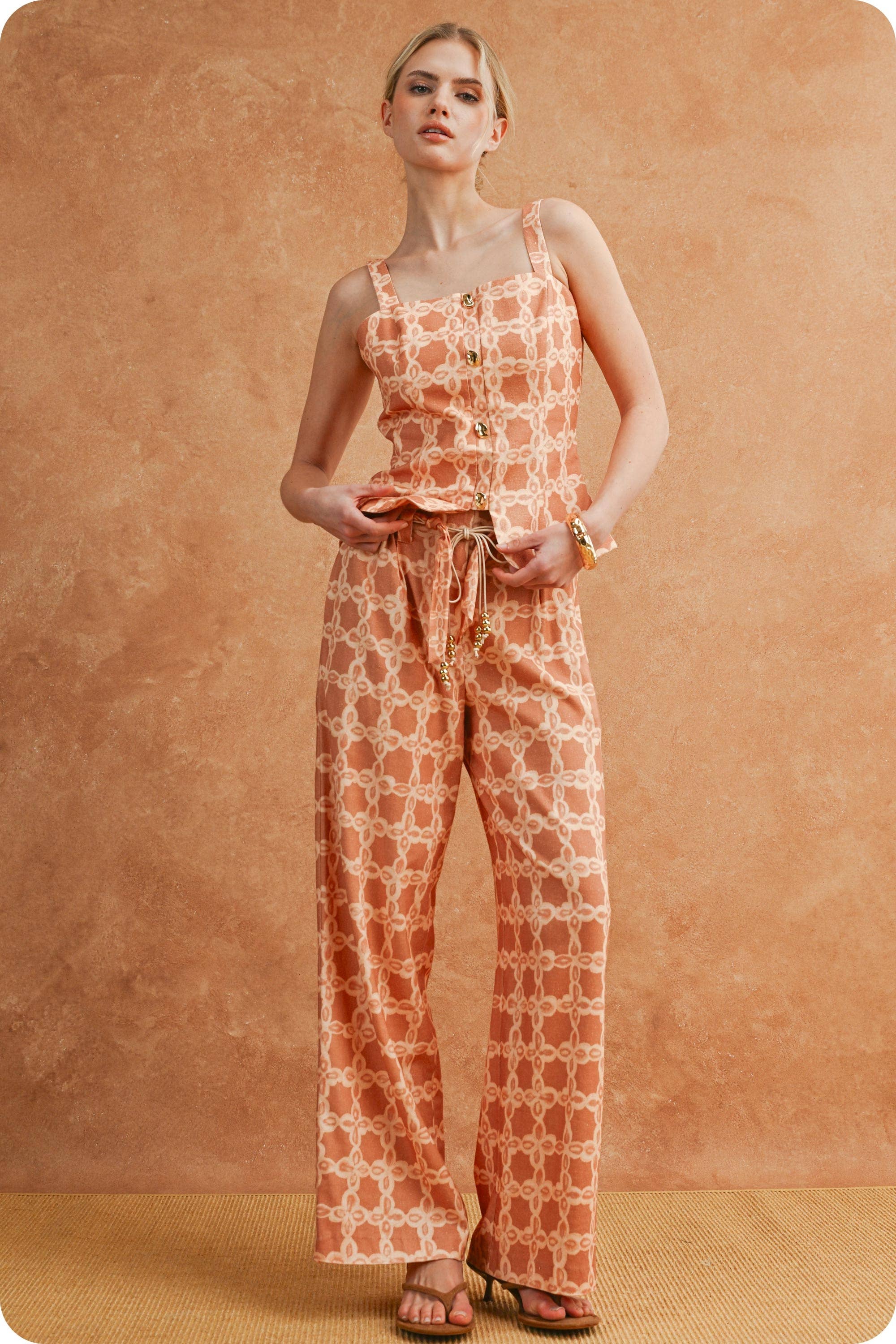 Chainlink Print Scarf Tie Belt Wide Leg Pants