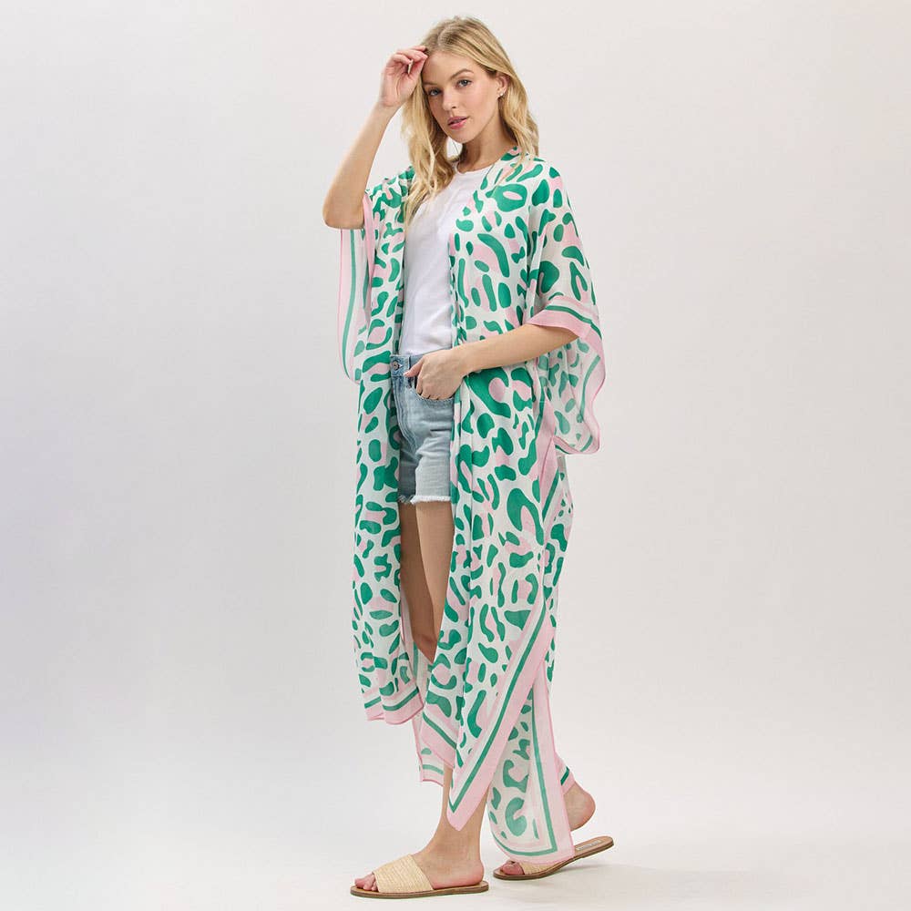 Leopard Print Pink & Green Long Kimono