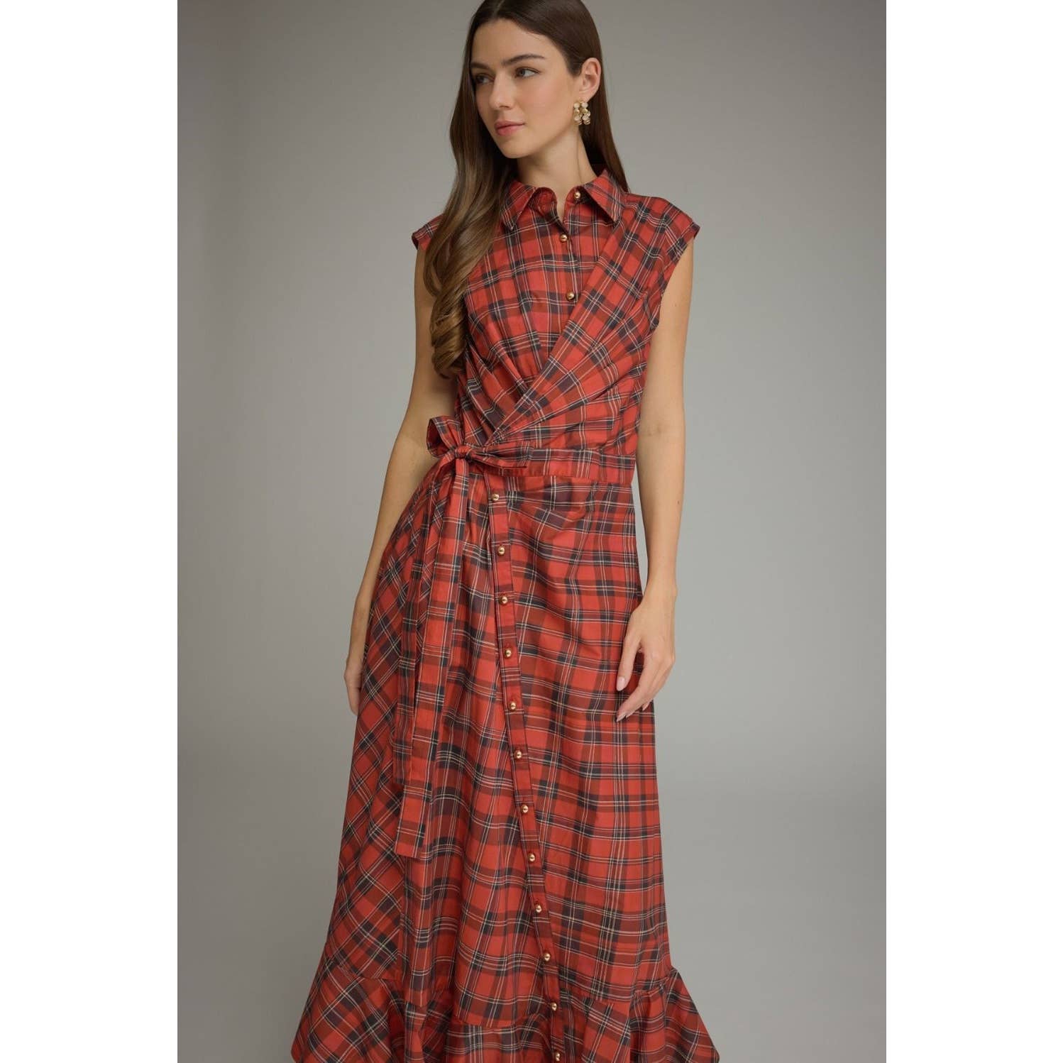 Plaid Cap Sleeve Midi Dress