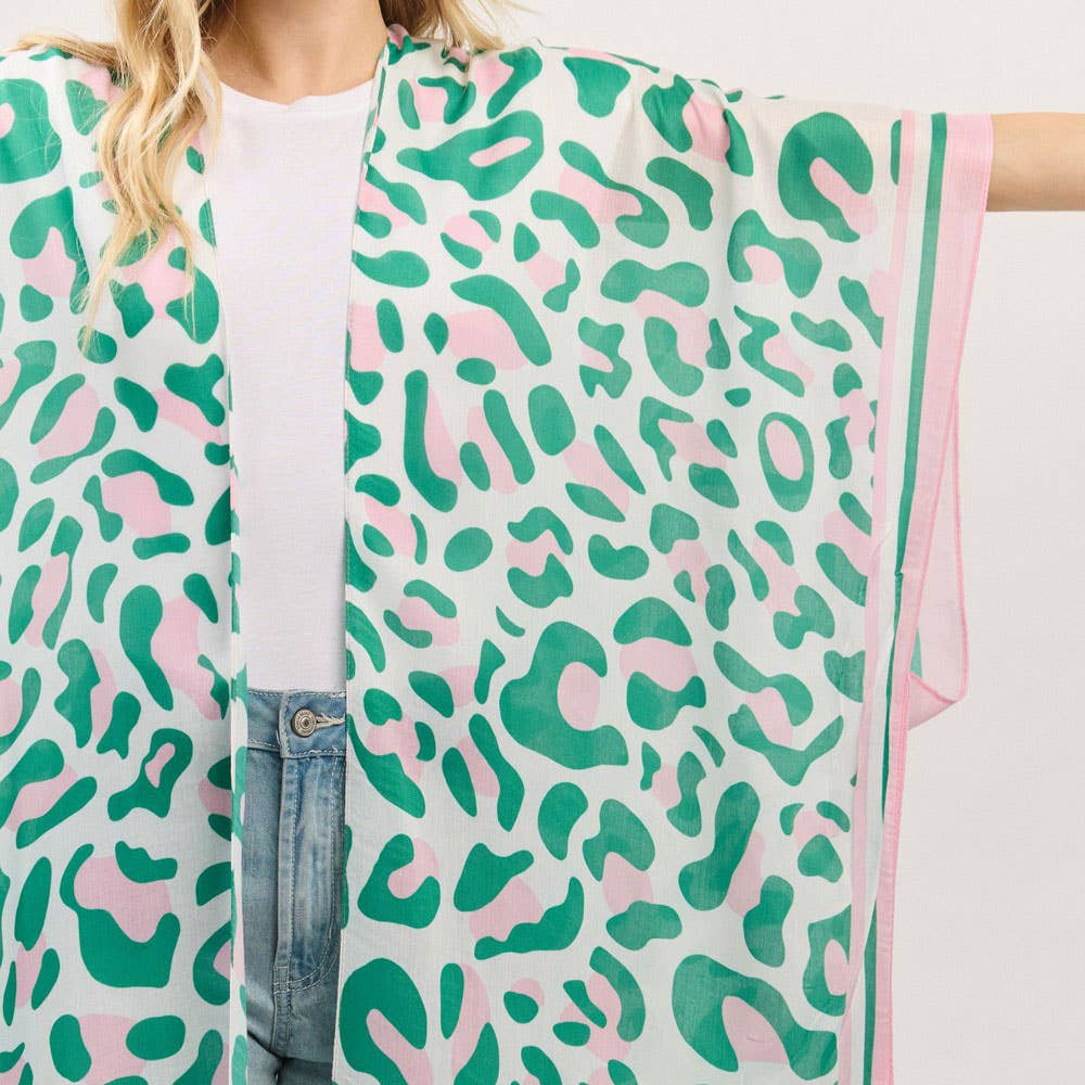 Leopard Print Pink & Green Long Kimono