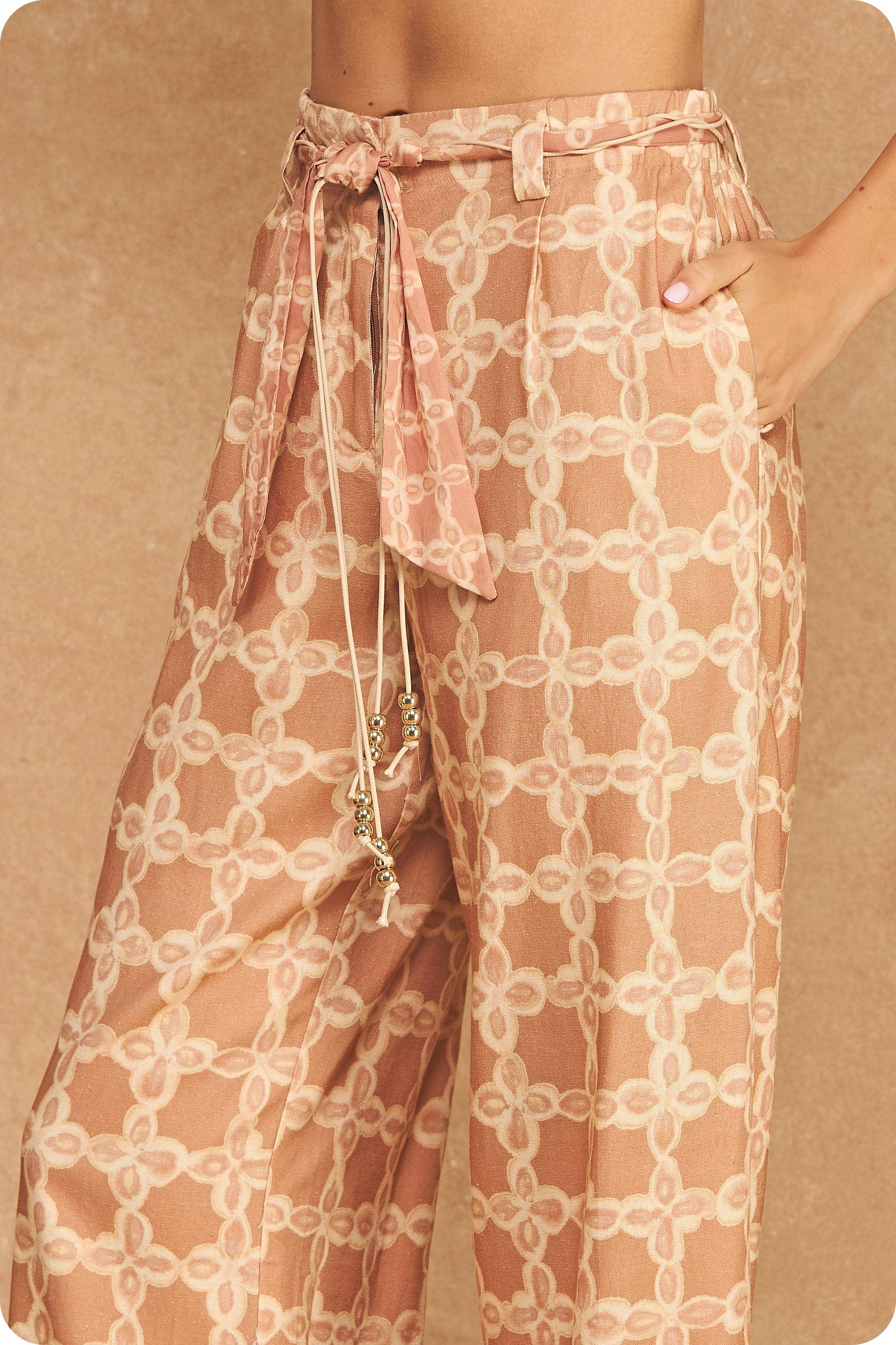 Chainlink Print Scarf Tie Belt Wide Leg Pants