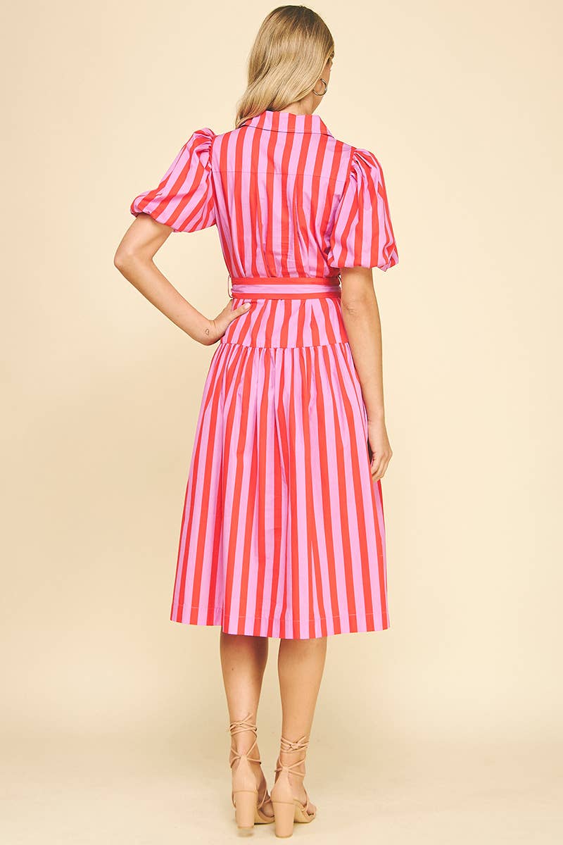 Striped Pink & Red Balloon Sleeve Midi Dress