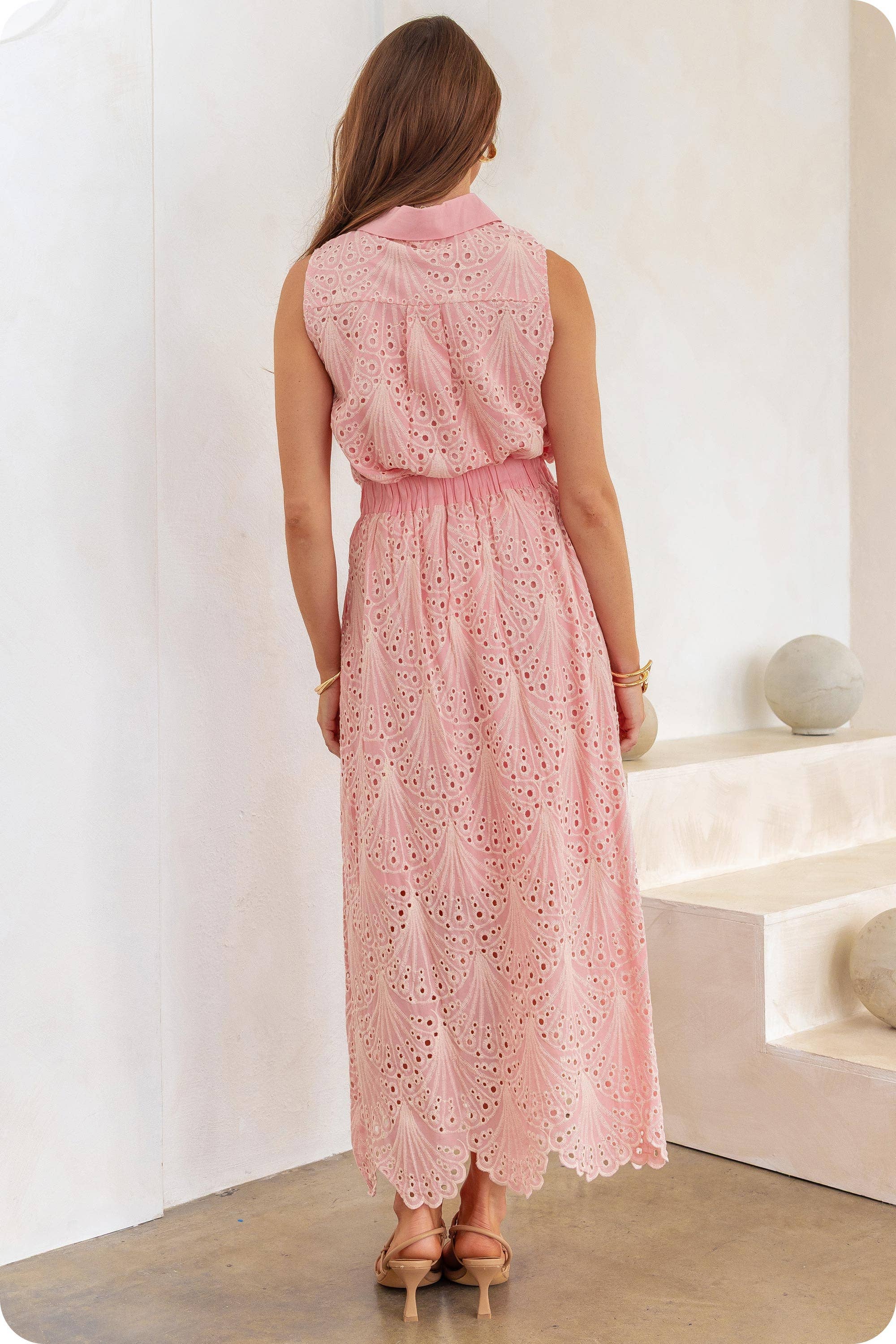 Eyelet Embroidered Pink Shirt and Midi Skirt Set