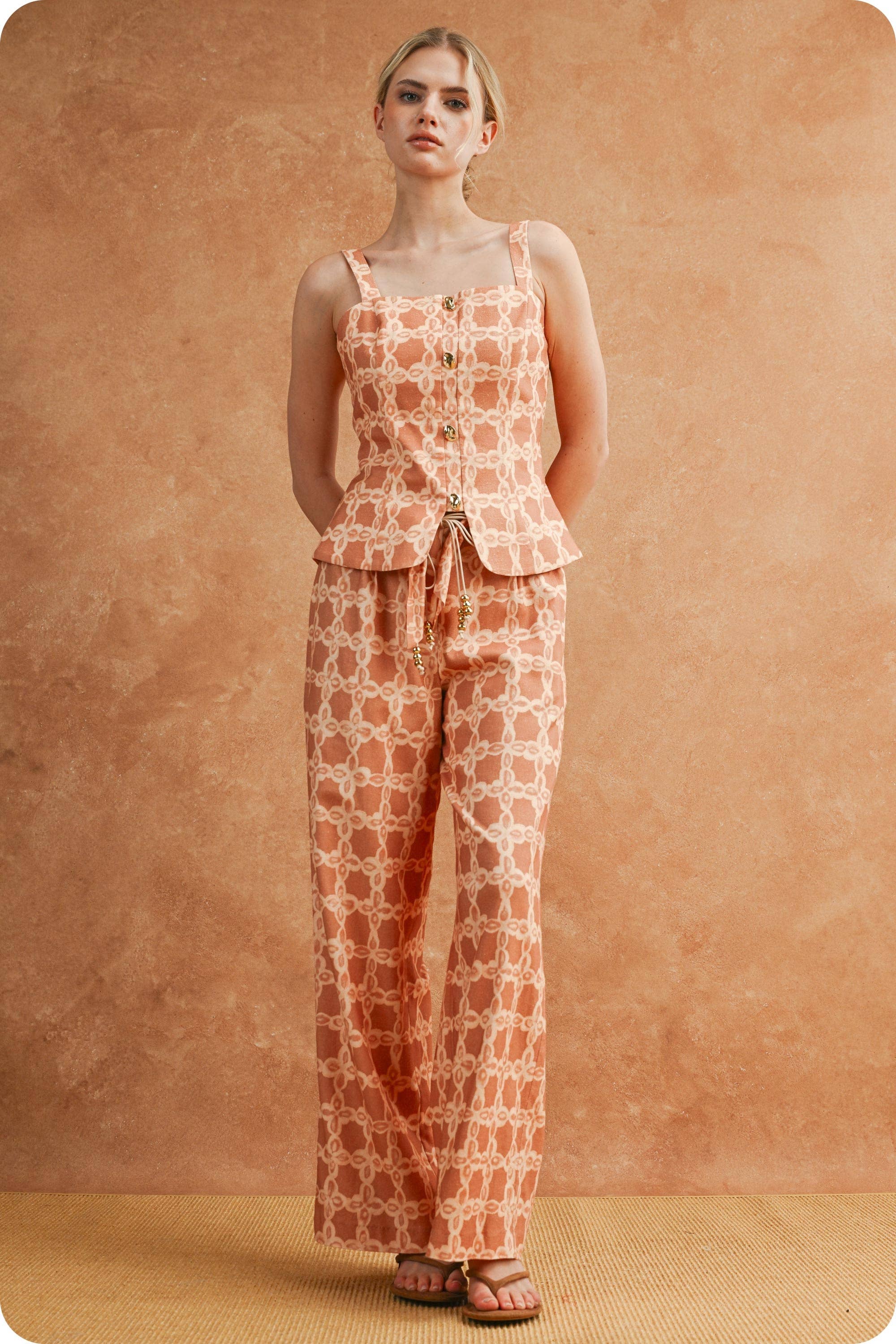 Chainlink Print Scarf Tie Belt Wide Leg Pants