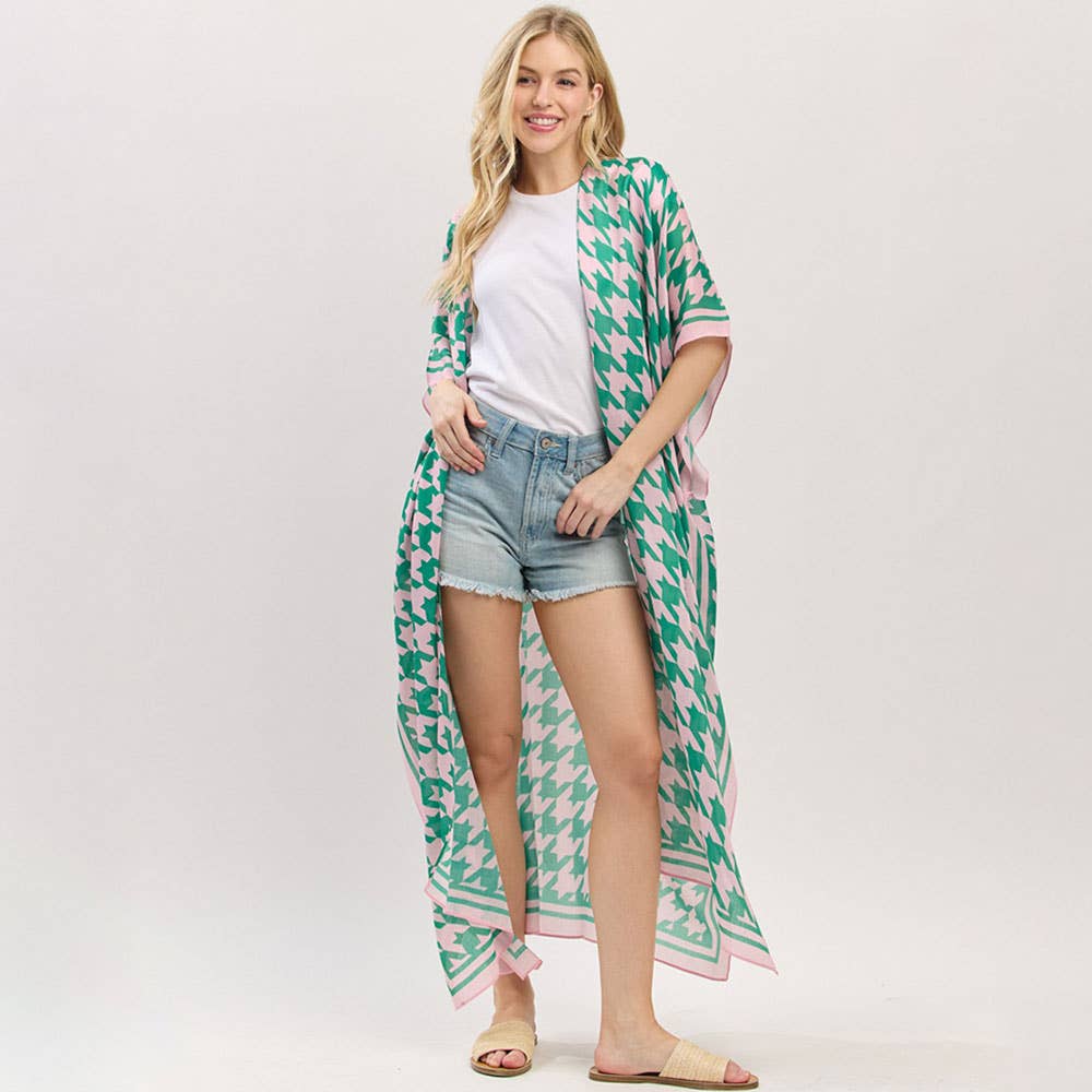 Houndstooth Print Pink & Green Kimono