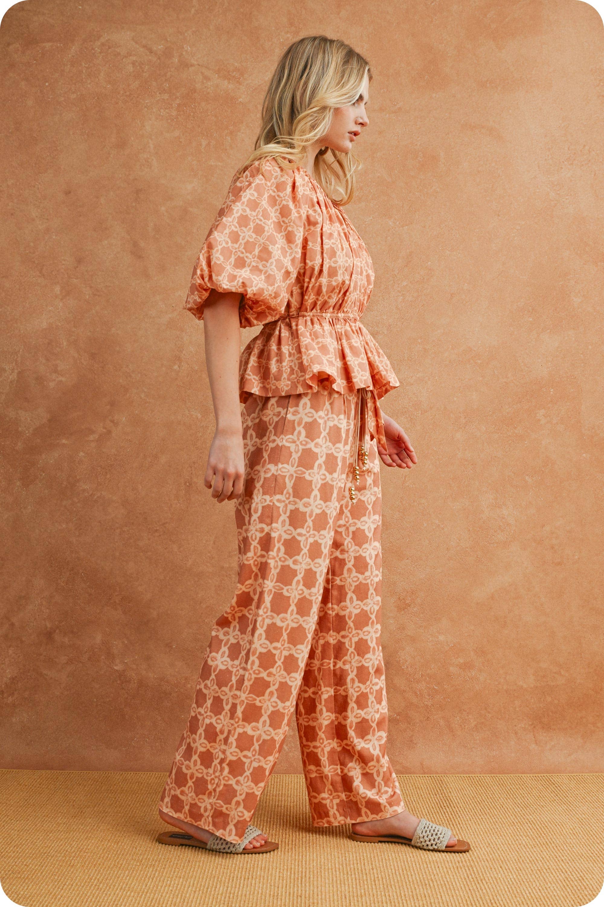Chainlink Print Scarf Tie Belt Wide Leg Pants