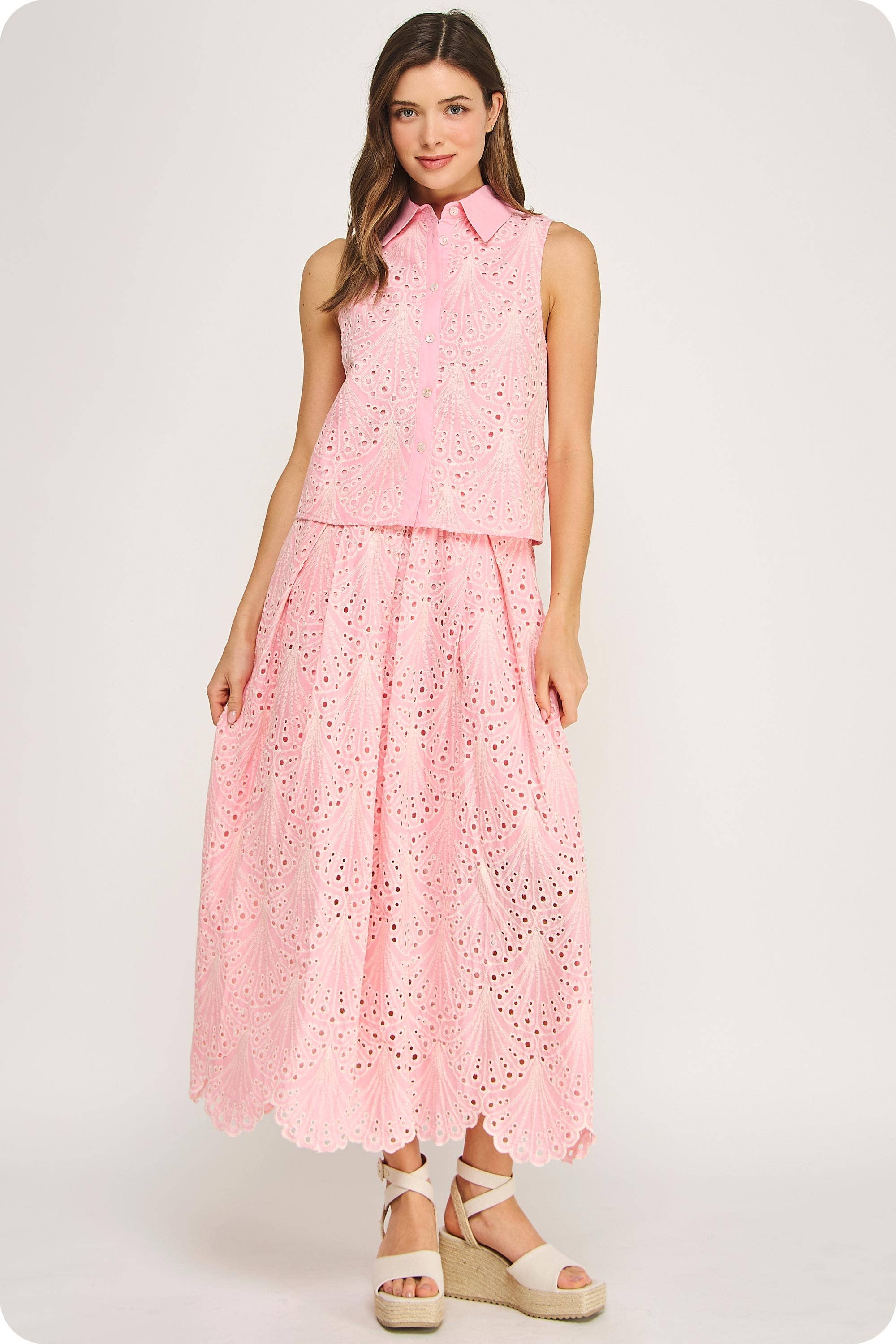 Eyelet Embroidered Pink Shirt and Midi Skirt Set