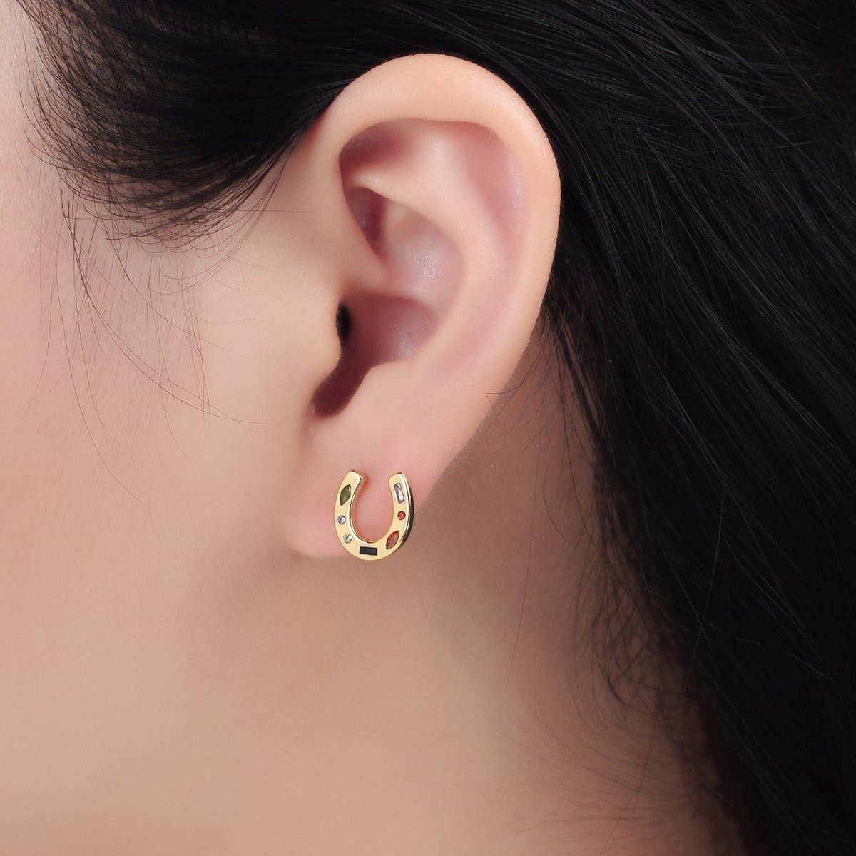 Multicolor CZ Horseshoe Stud Earrings