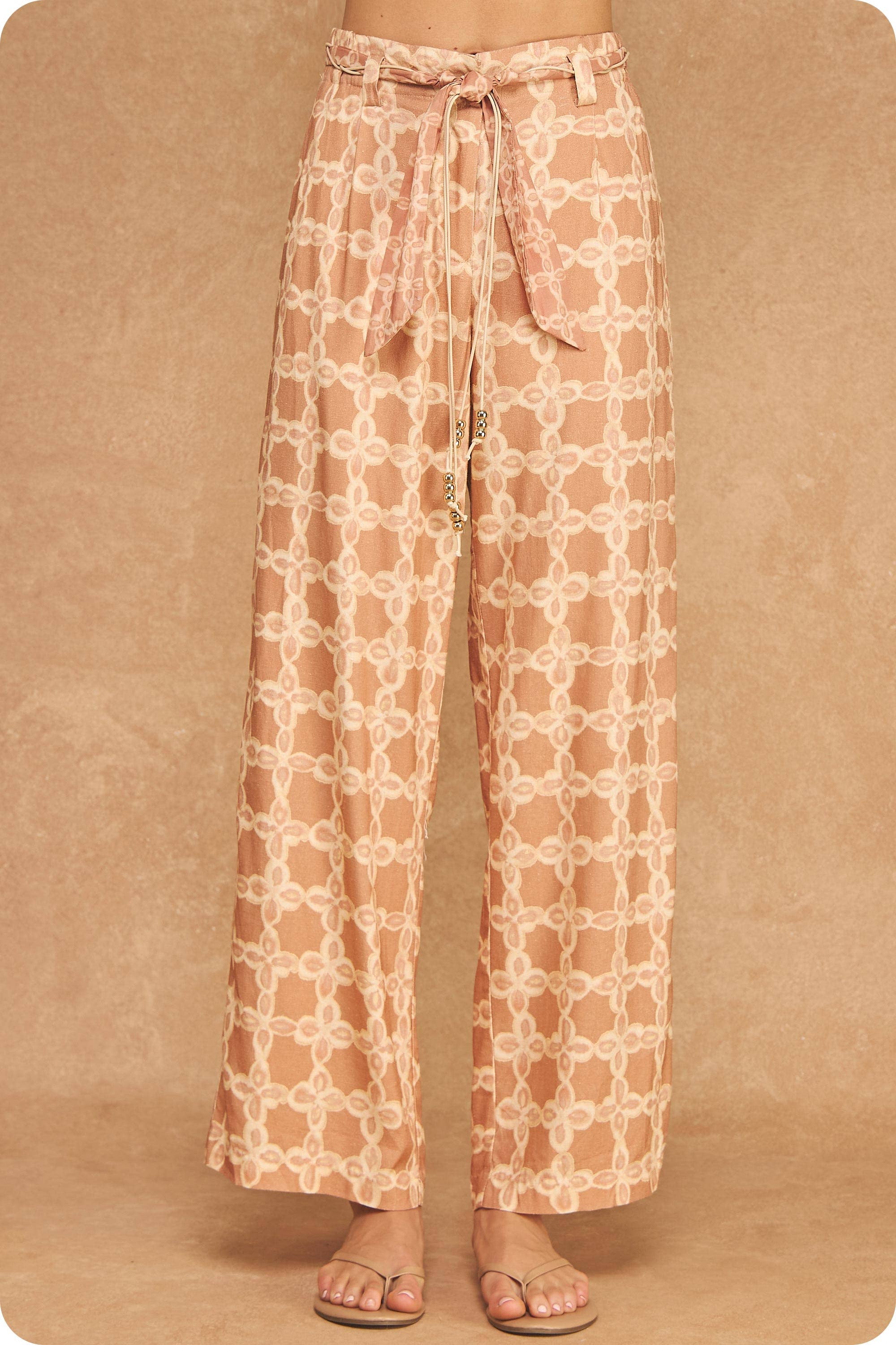 Chainlink Print Scarf Tie Belt Wide Leg Pants
