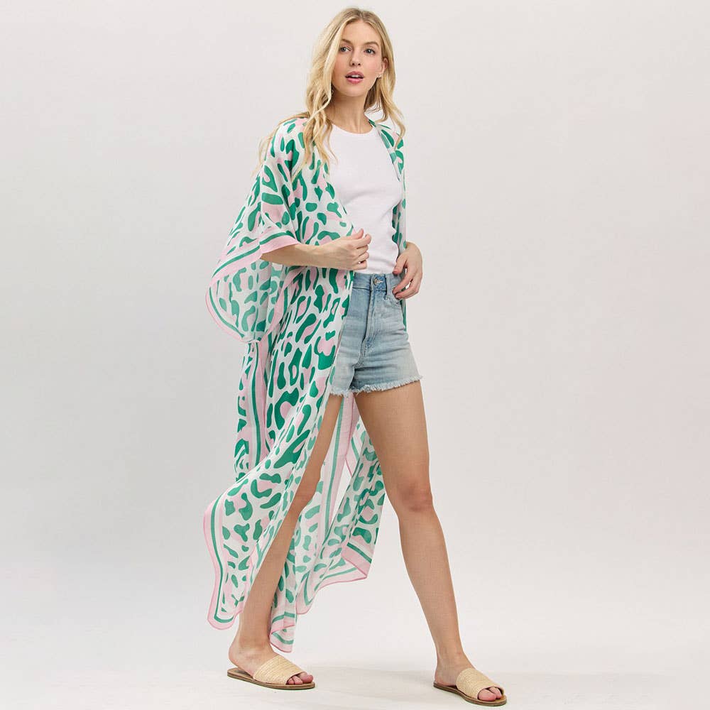 Leopard Print Pink & Green Long Kimono