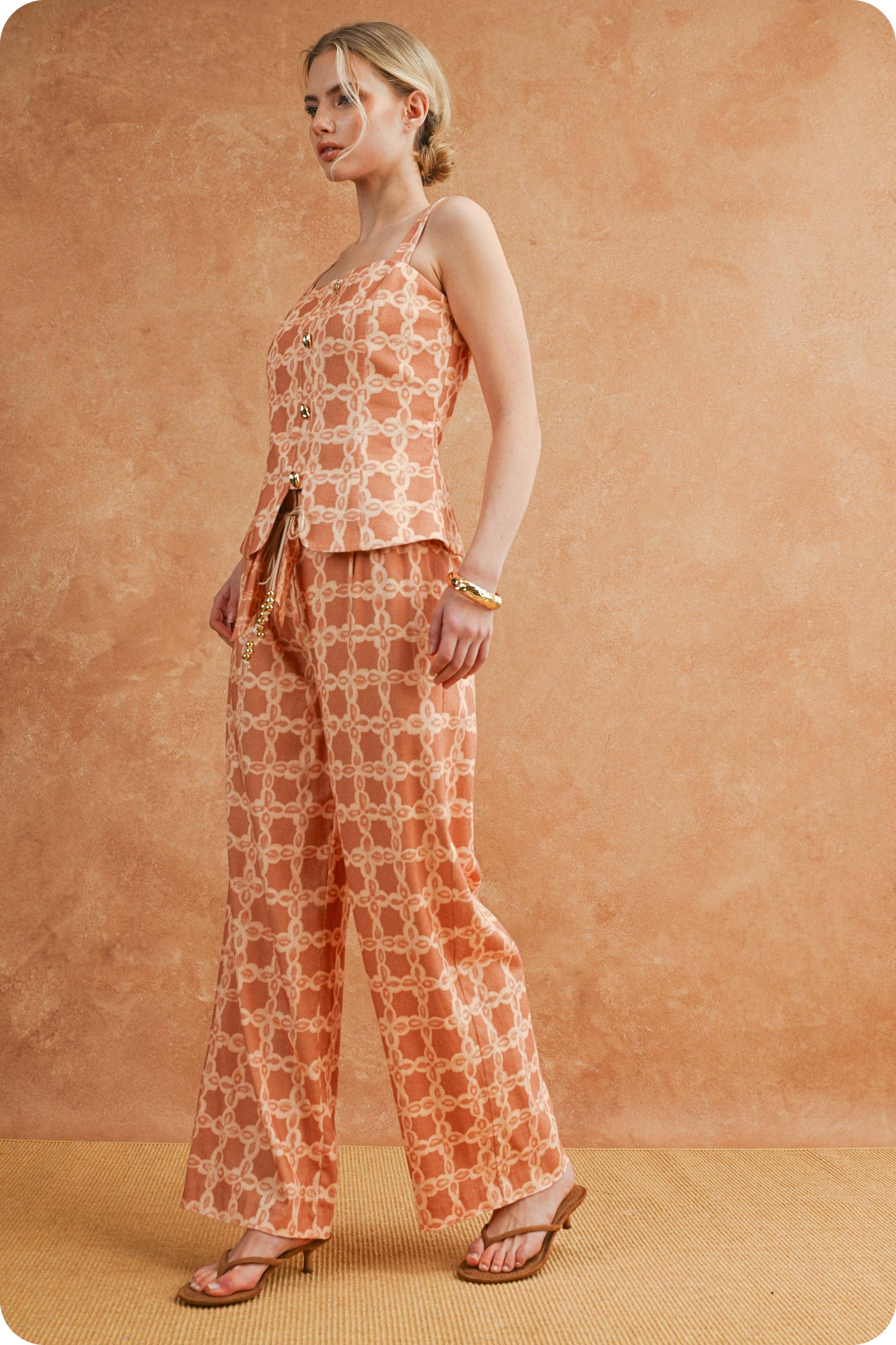 Chainlink Print Scarf Tie Belt Wide Leg Pants