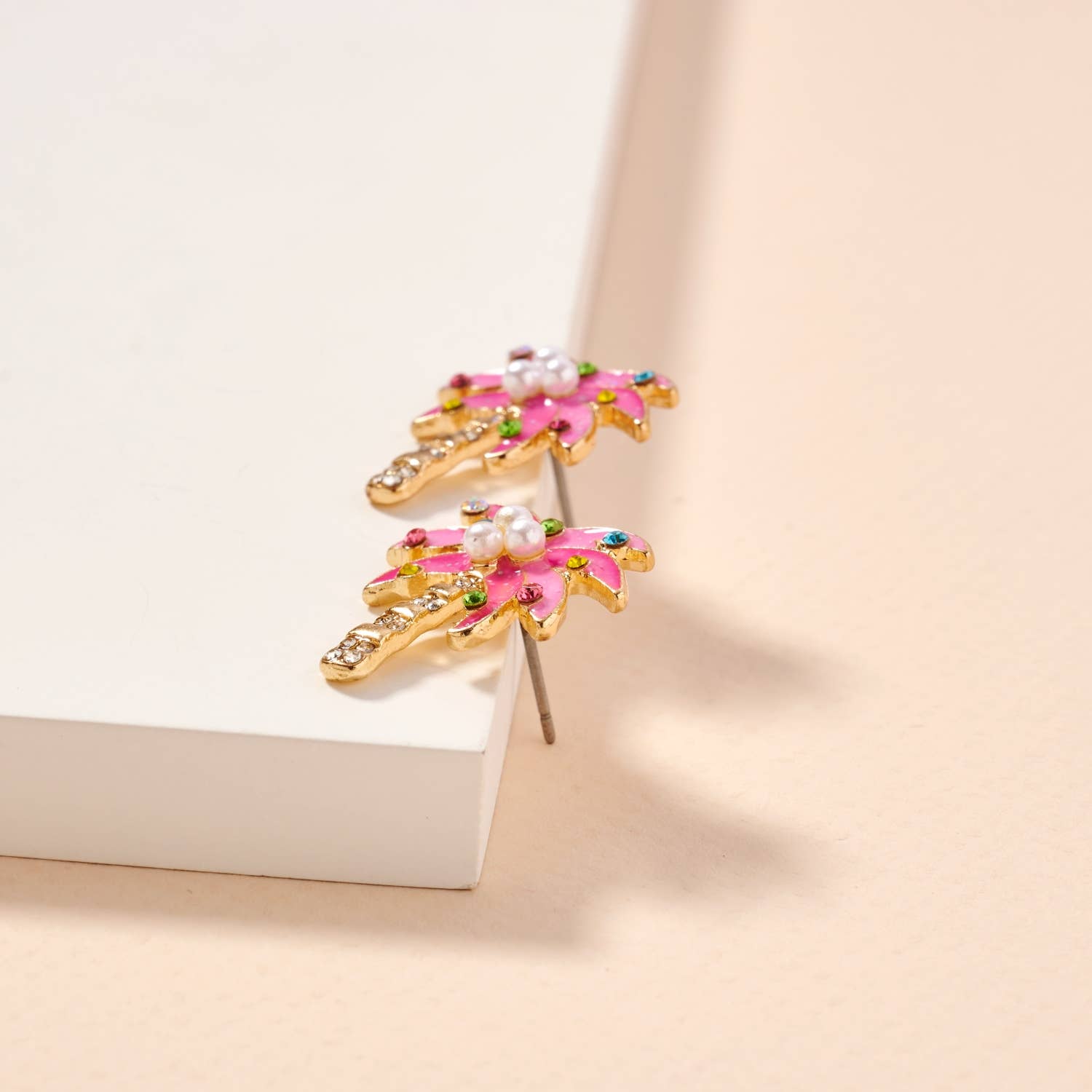 Pink Palm Tree Enamel Stud Earrings
