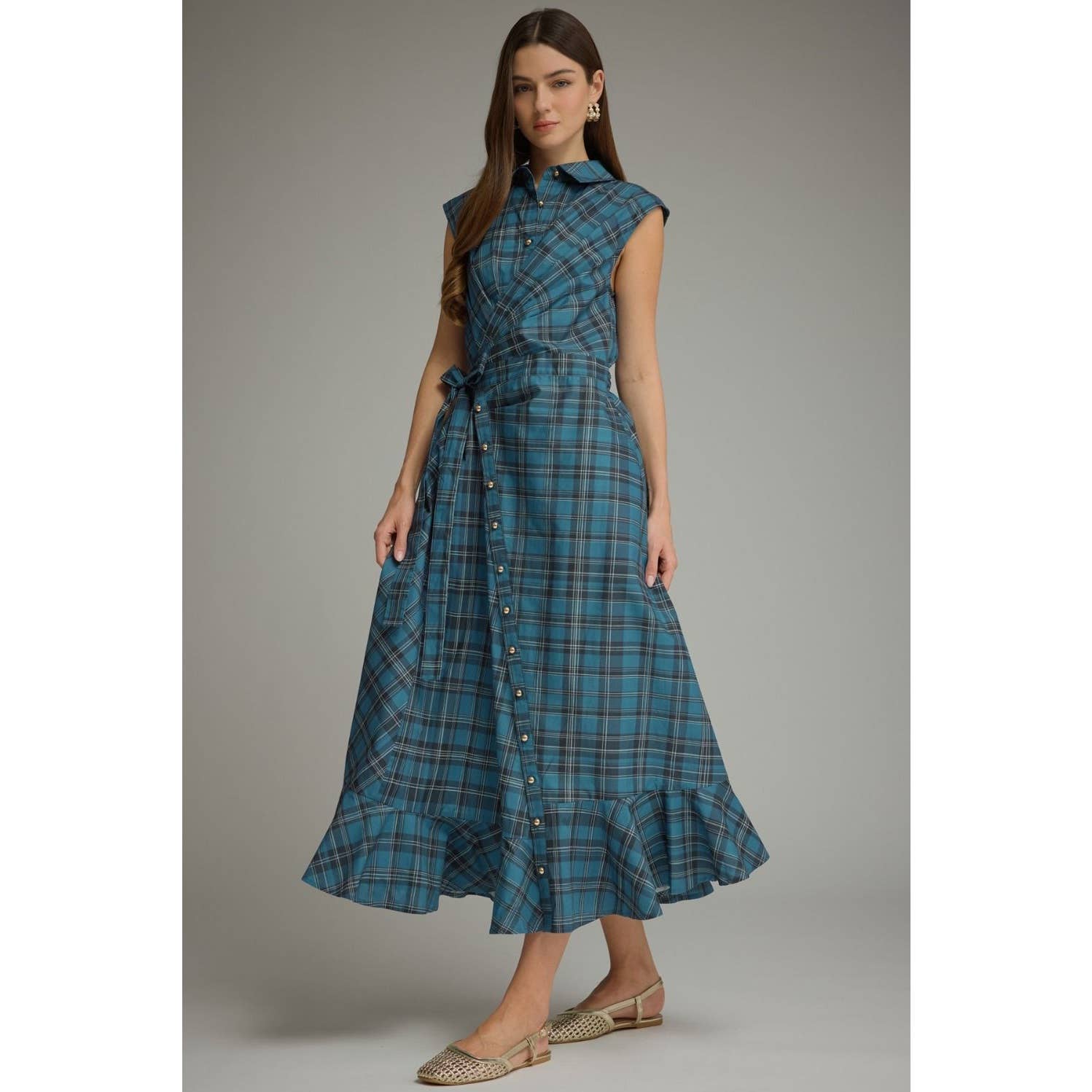 Plaid Cap Sleeve Midi Dress